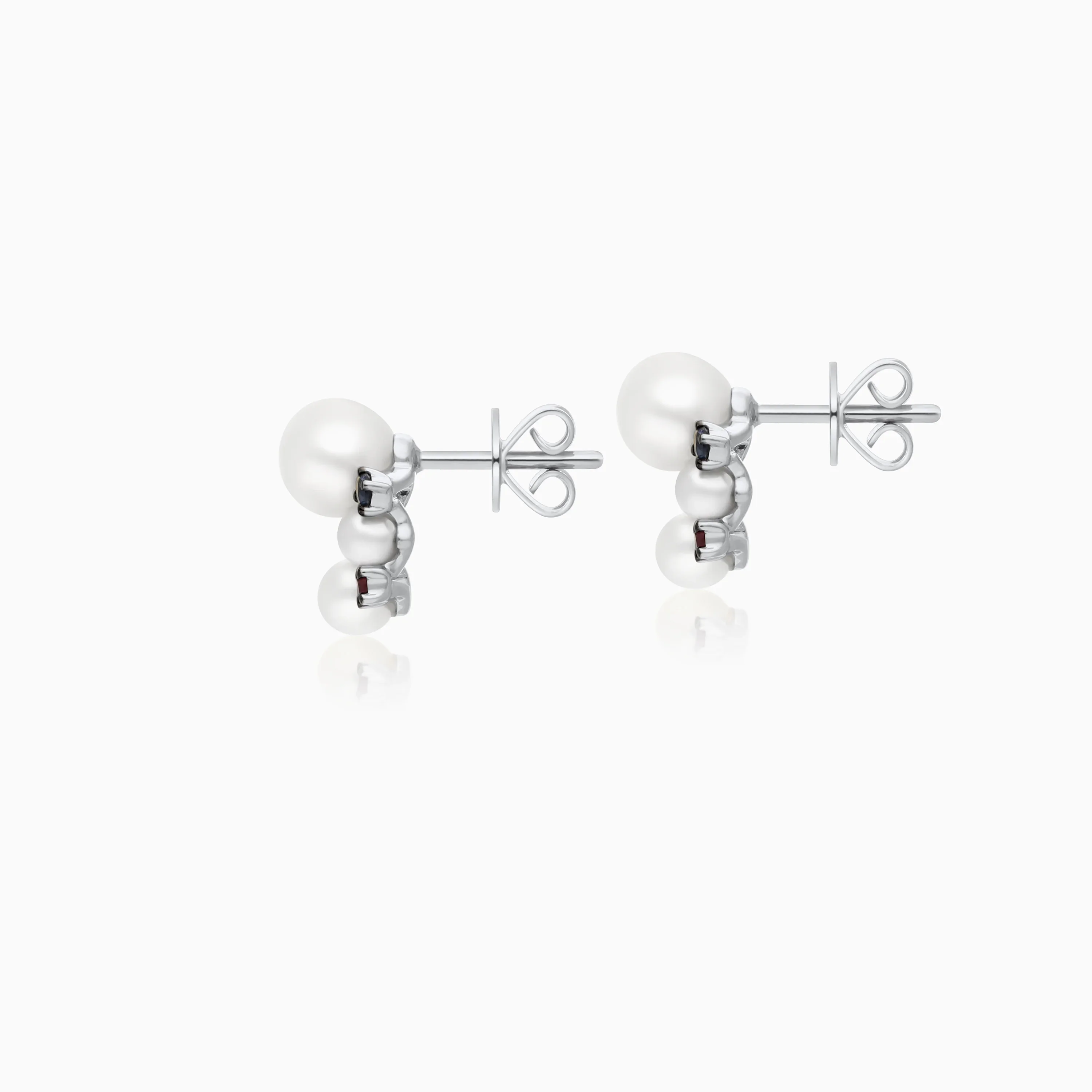 18k White Gold Pearl, Natural Diamond & Multi-Gemstone Stud Earrings - Danah Diamond Collection - Image 3