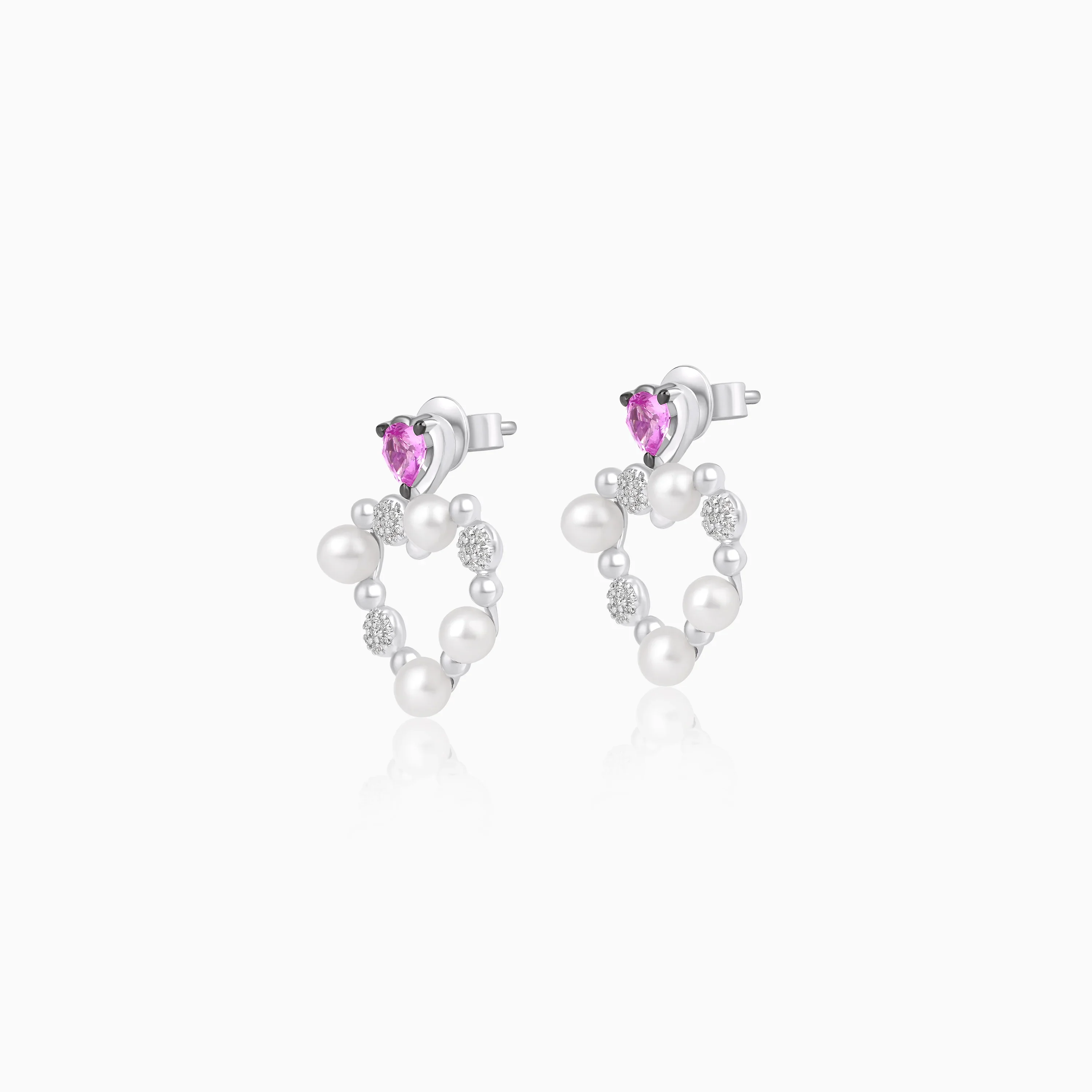 18k White Gold Pearl, Natural Diamond & Pink Sapphire Heart Stud Earrings - Danah Diamond Collection - Image 2