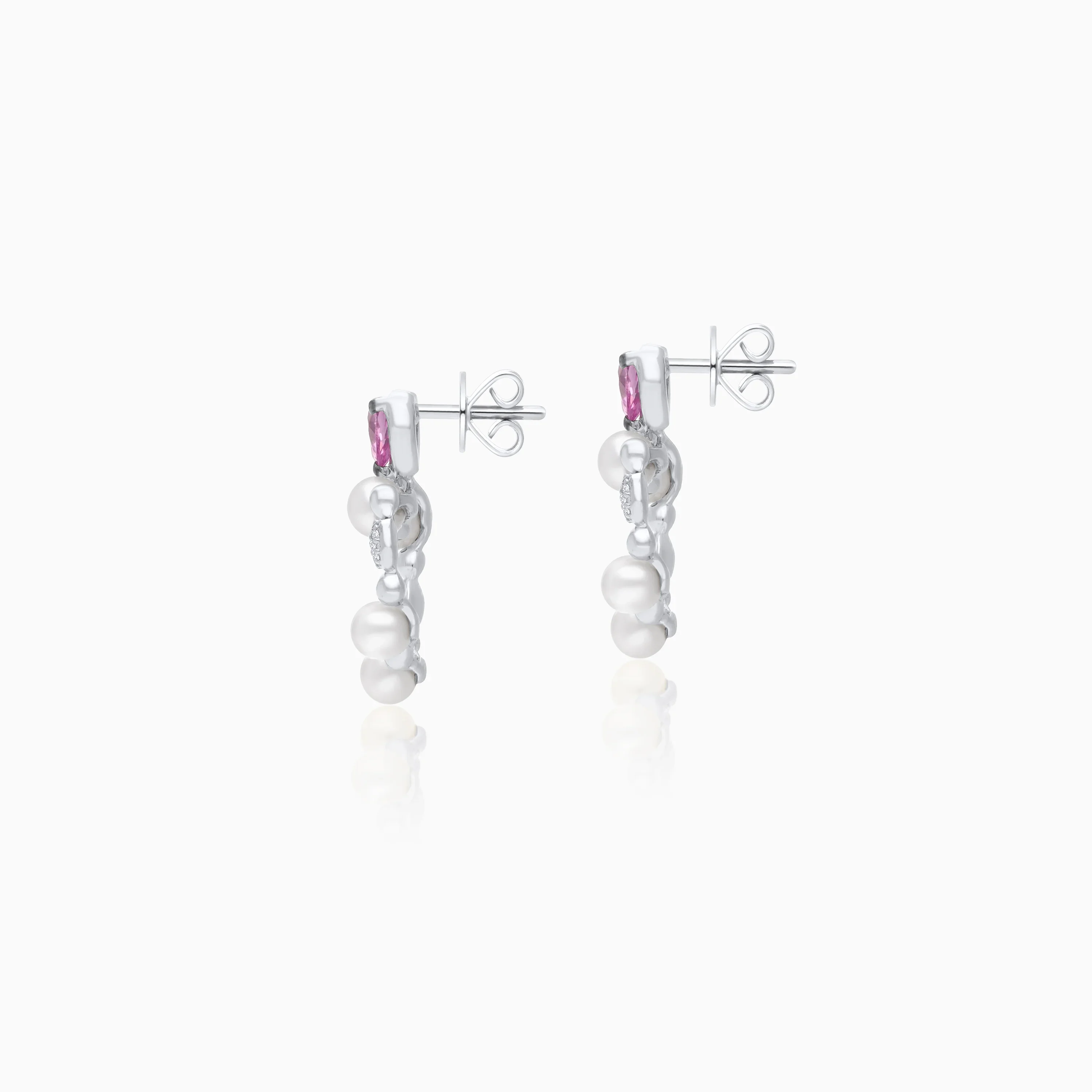 18k White Gold Pearl, Natural Diamond & Pink Sapphire Heart Stud Earrings - Danah Diamond Collection - Image 3