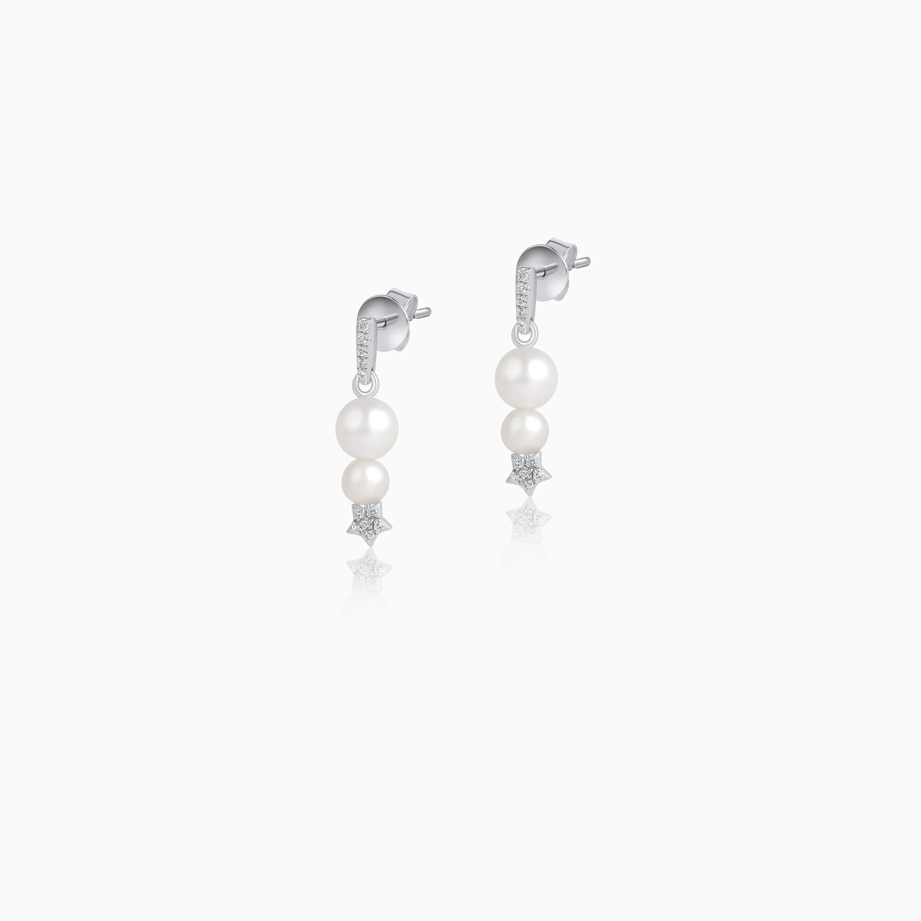 18k White Gold Pearl & Natural Diamond Star Drop Earrings - Danah Diamond Collection - Image 2