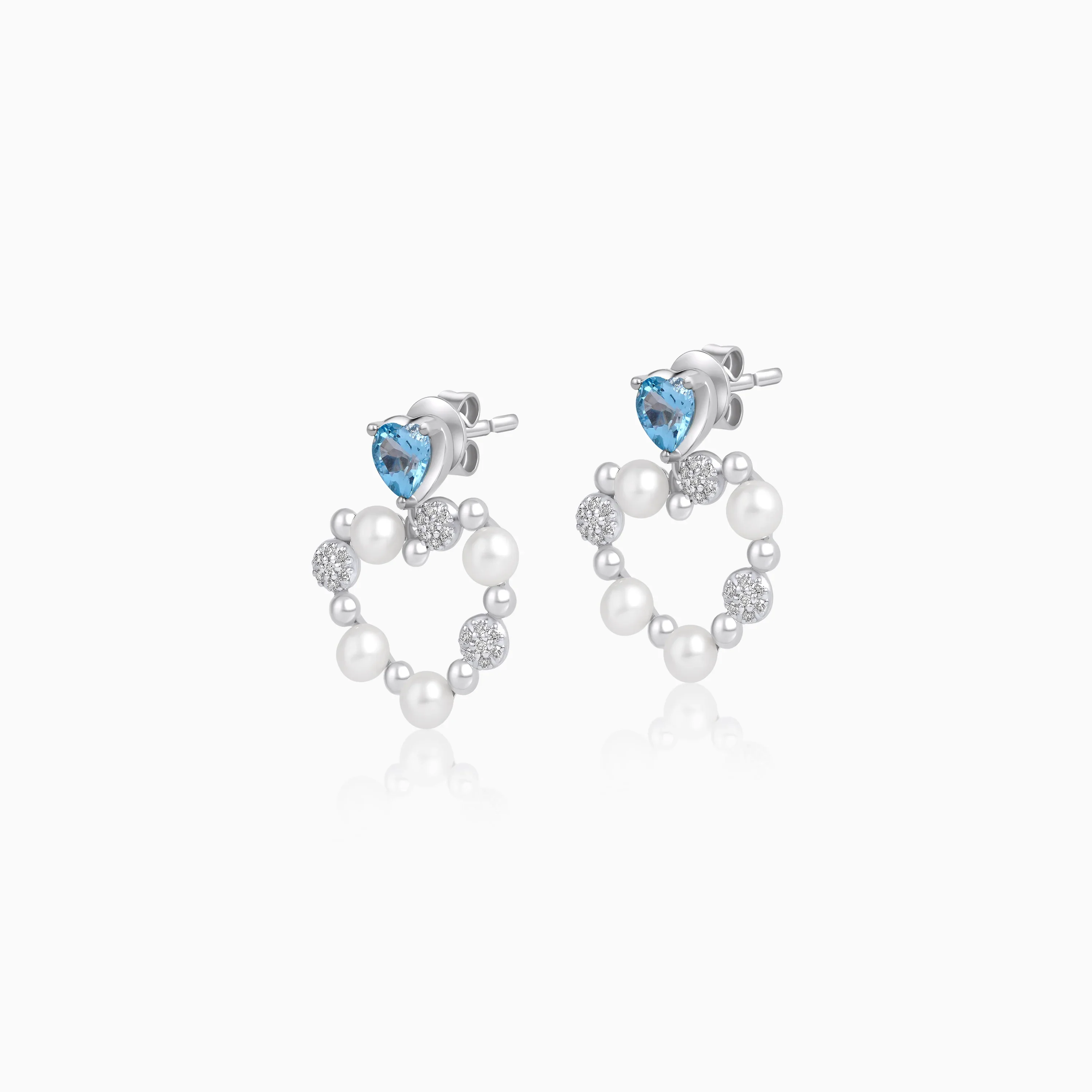 18k White Gold Pearl, Natural Diamond & Swiss Blue Topaz Open Heart Earrings - Danah Diamond Collection - Image 2