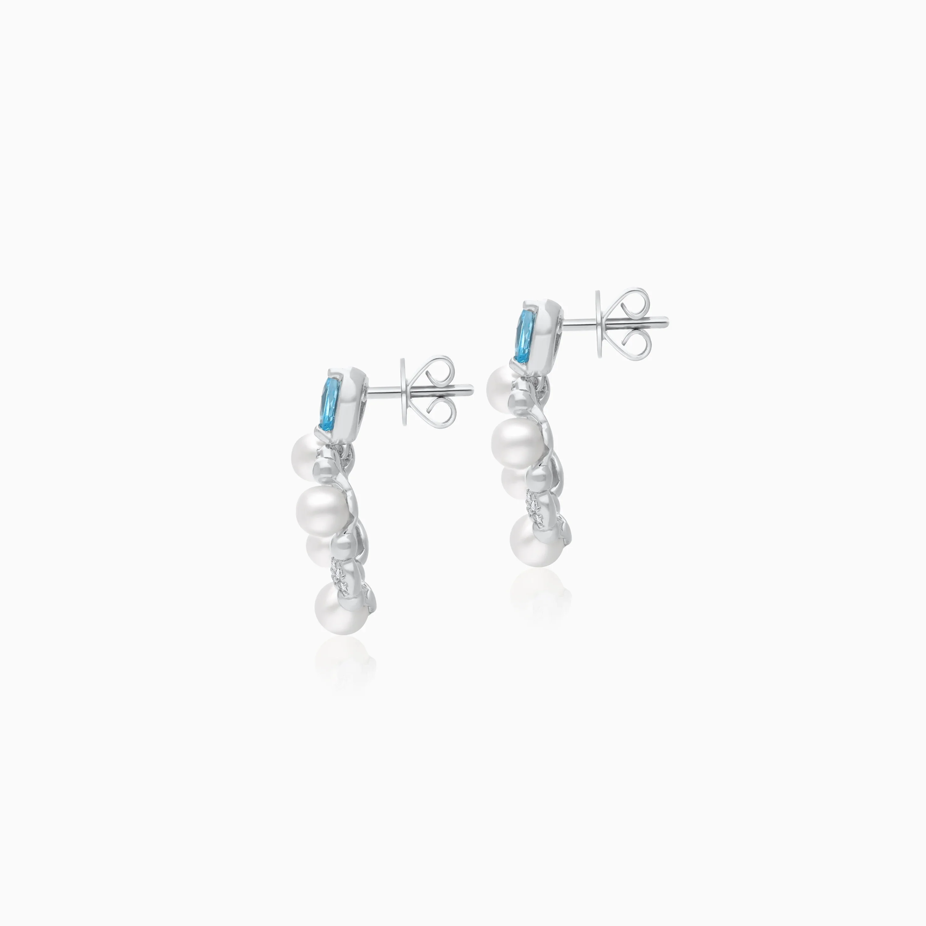 18k White Gold Pearl, Natural Diamond & Swiss Blue Topaz Open Heart Earrings - Danah Diamond Collection - Image 3