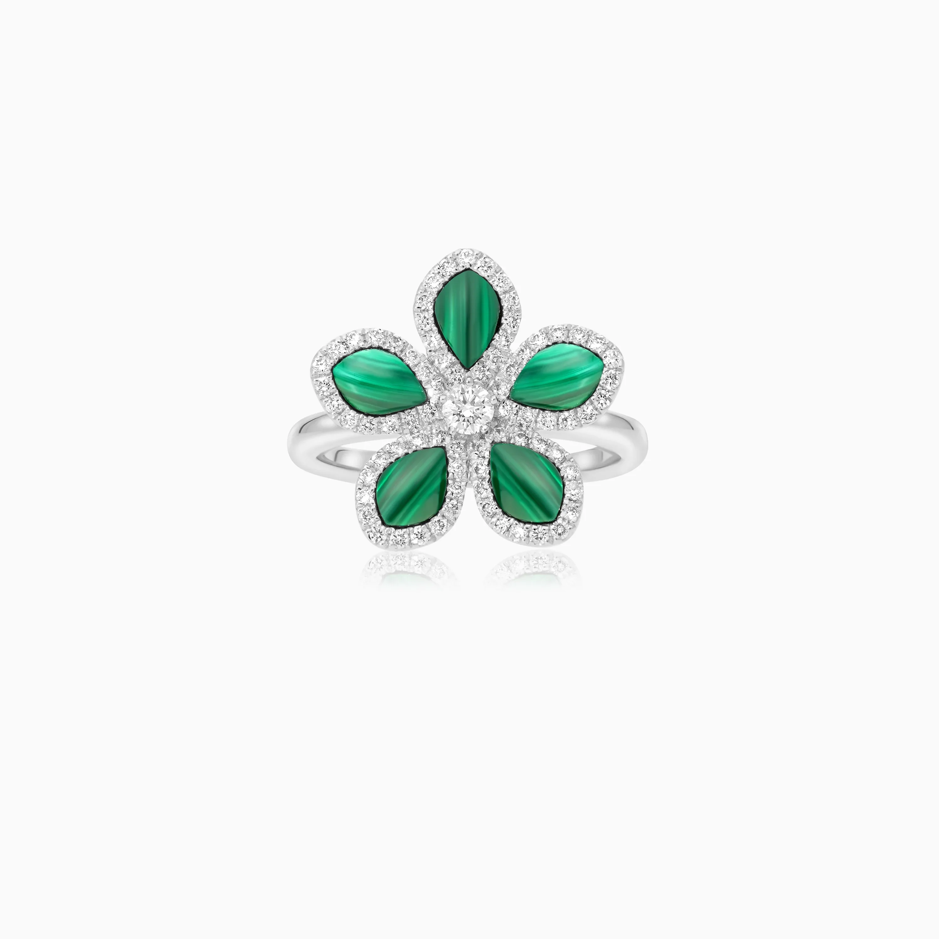 18K White Gold Flower Ring with Diamonds and Malachite – Mosaic Collection - Image 3