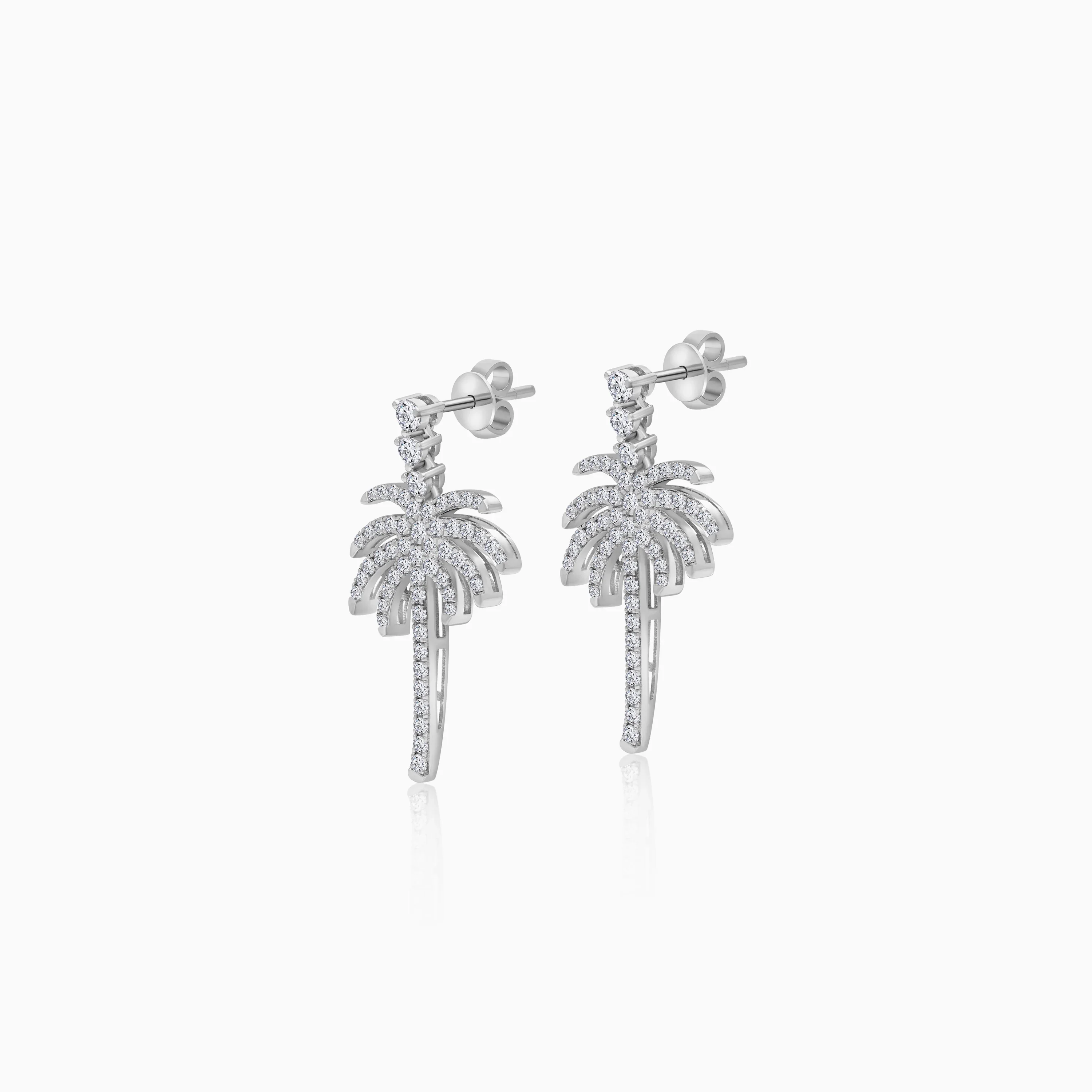 18K White Gold Stud Earrings with Dangling Palm Tree-Shaped Design Decorated with Natural Diamond | Al Nakhla Collection - Image 2