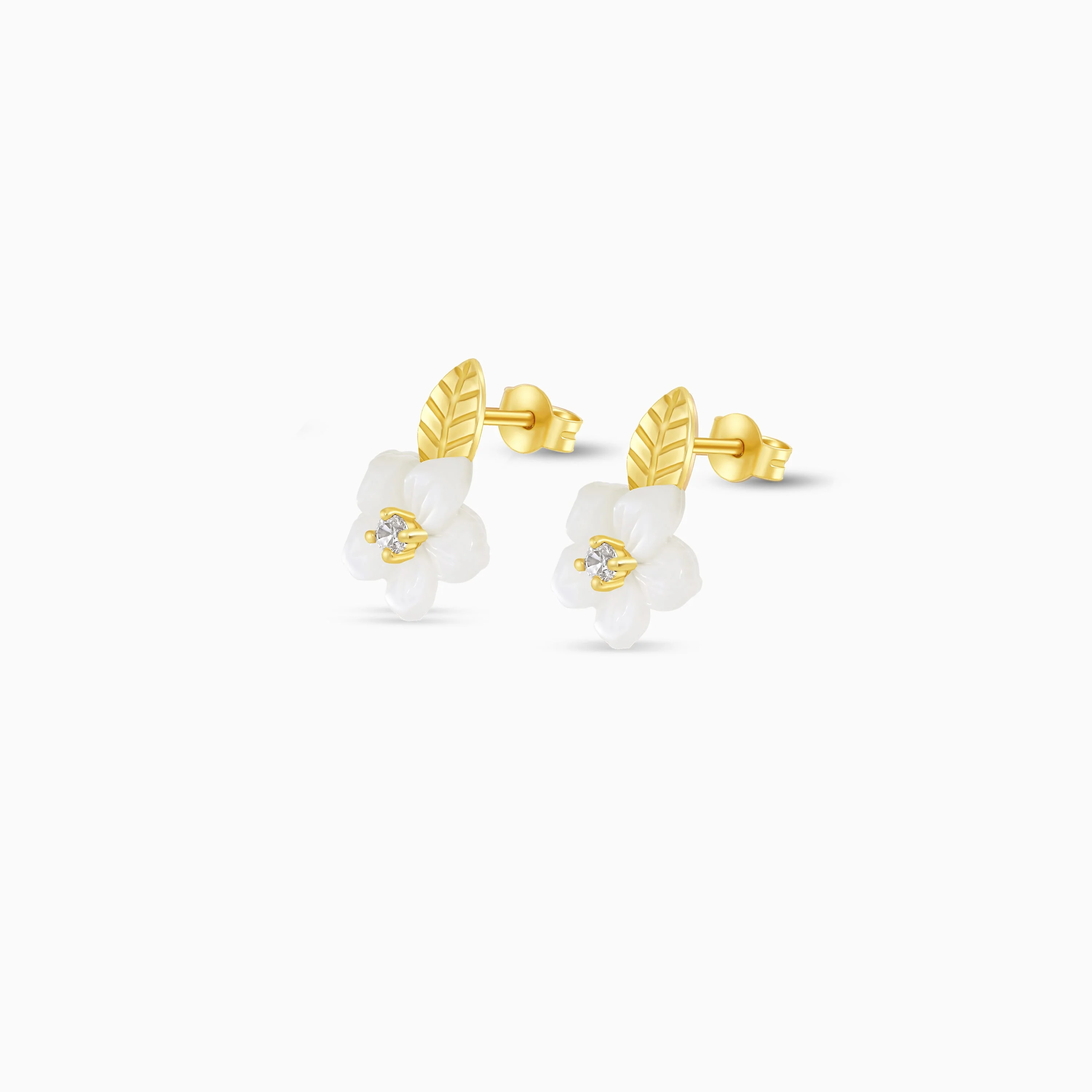 18K Worood Gold Earrings Mother of Pearl Flower & Zircon Stones - Image 3