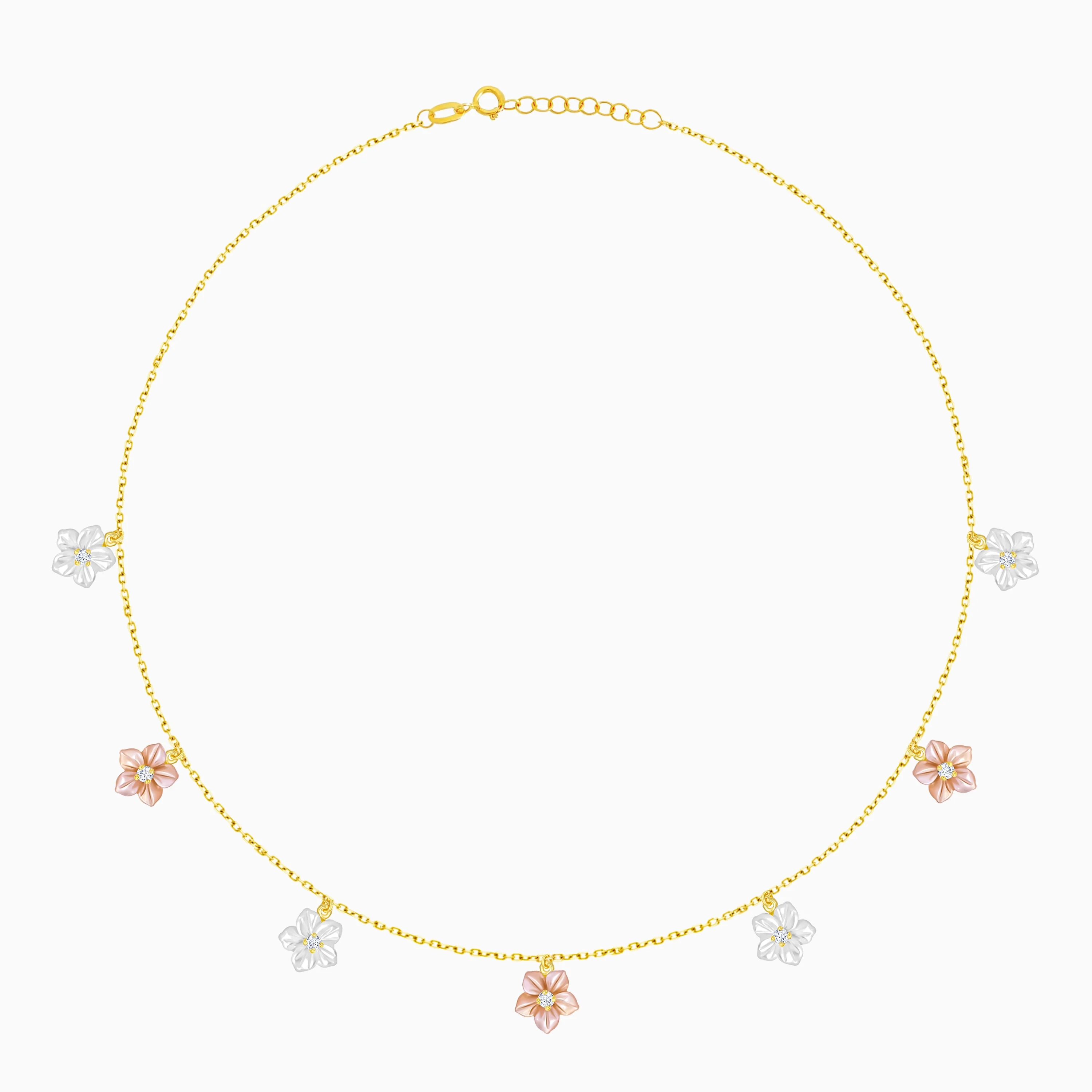 18K Worood Gold Necklace Pink & White Mother of Pearl Flower Design & Zircon Stones - Image 2