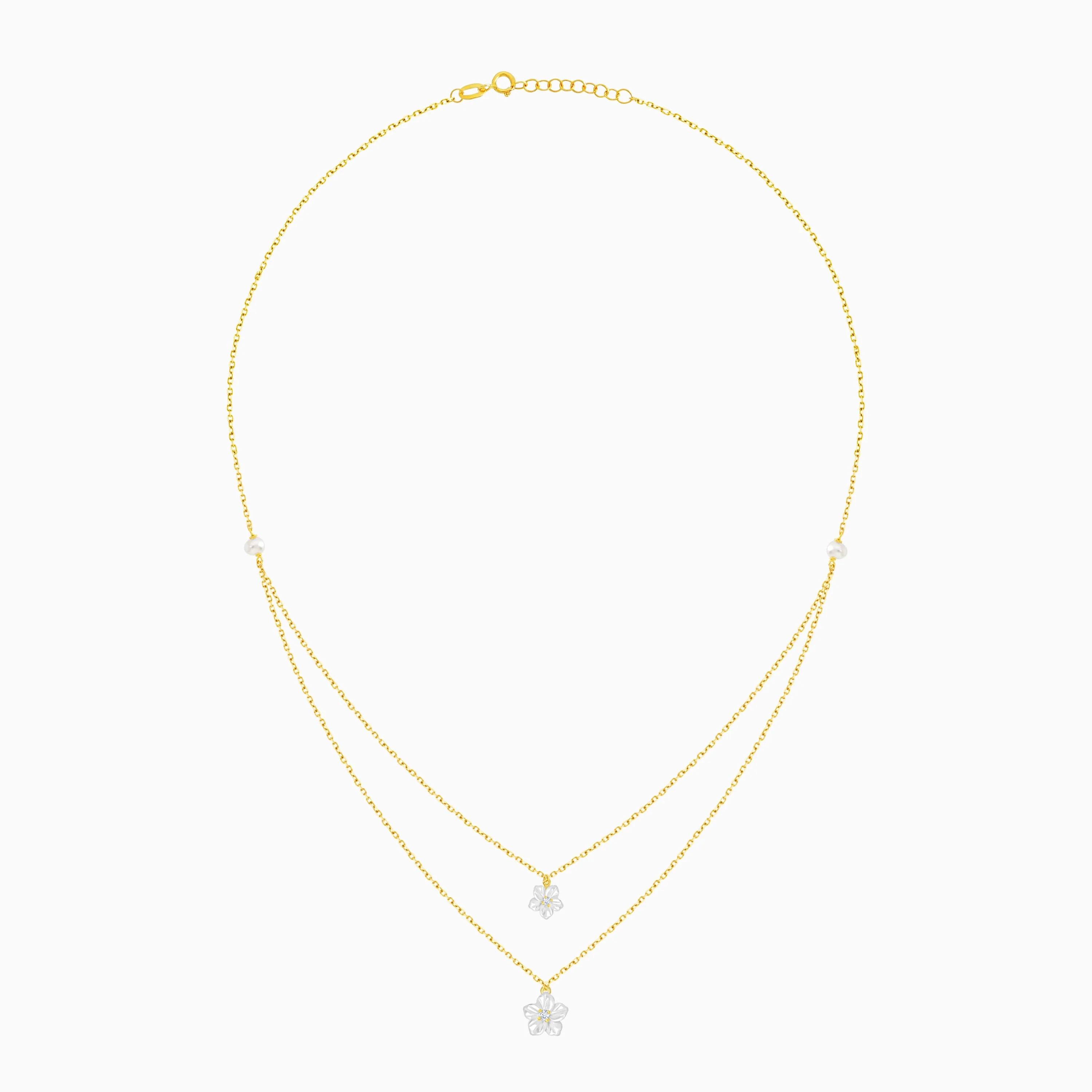 18K YELLOW GOLD 2-LAYER NECKLACE DECORATED WITH WHITE  MOTHER OF PEARL FLOWERS AND ZIRCON STONES IN THE CENTER - FROM WOROOD COLLECTION - Image 2