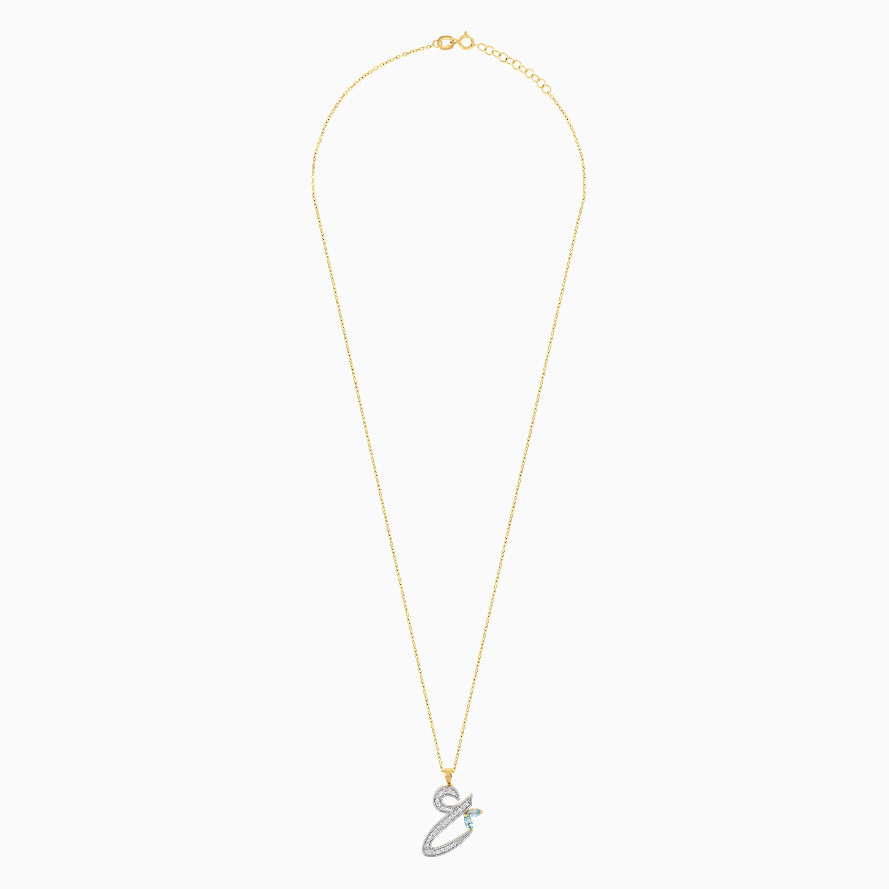 18K Yellow Gold ‘Ain’ Arabic Letter Necklace with Natural Diamonds & Blue Topaz | Horoufi Diamond Collection - Image 3