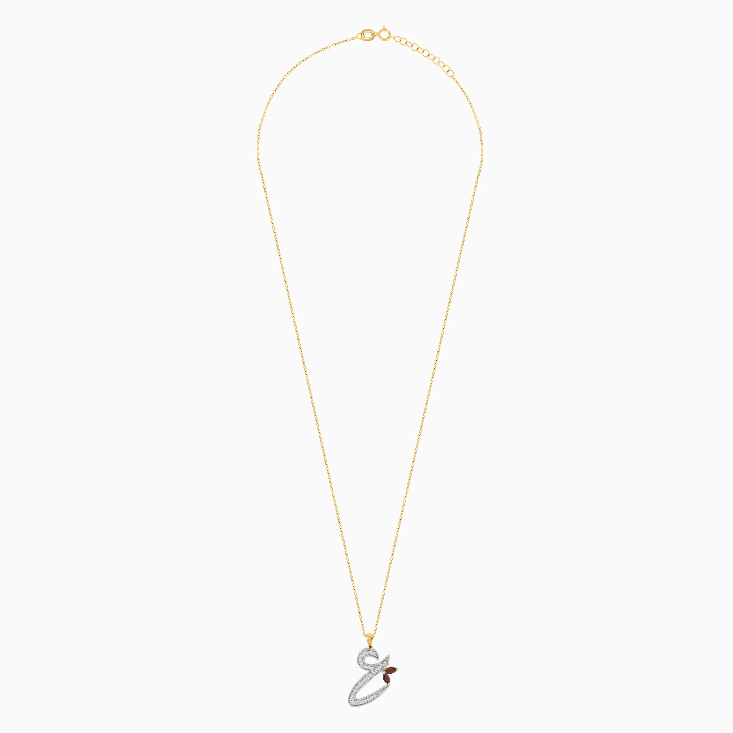 18k yellow gold ‘Ain’ arabic letter necklace decorated With Natural Diamond and garnet stones - Image 3