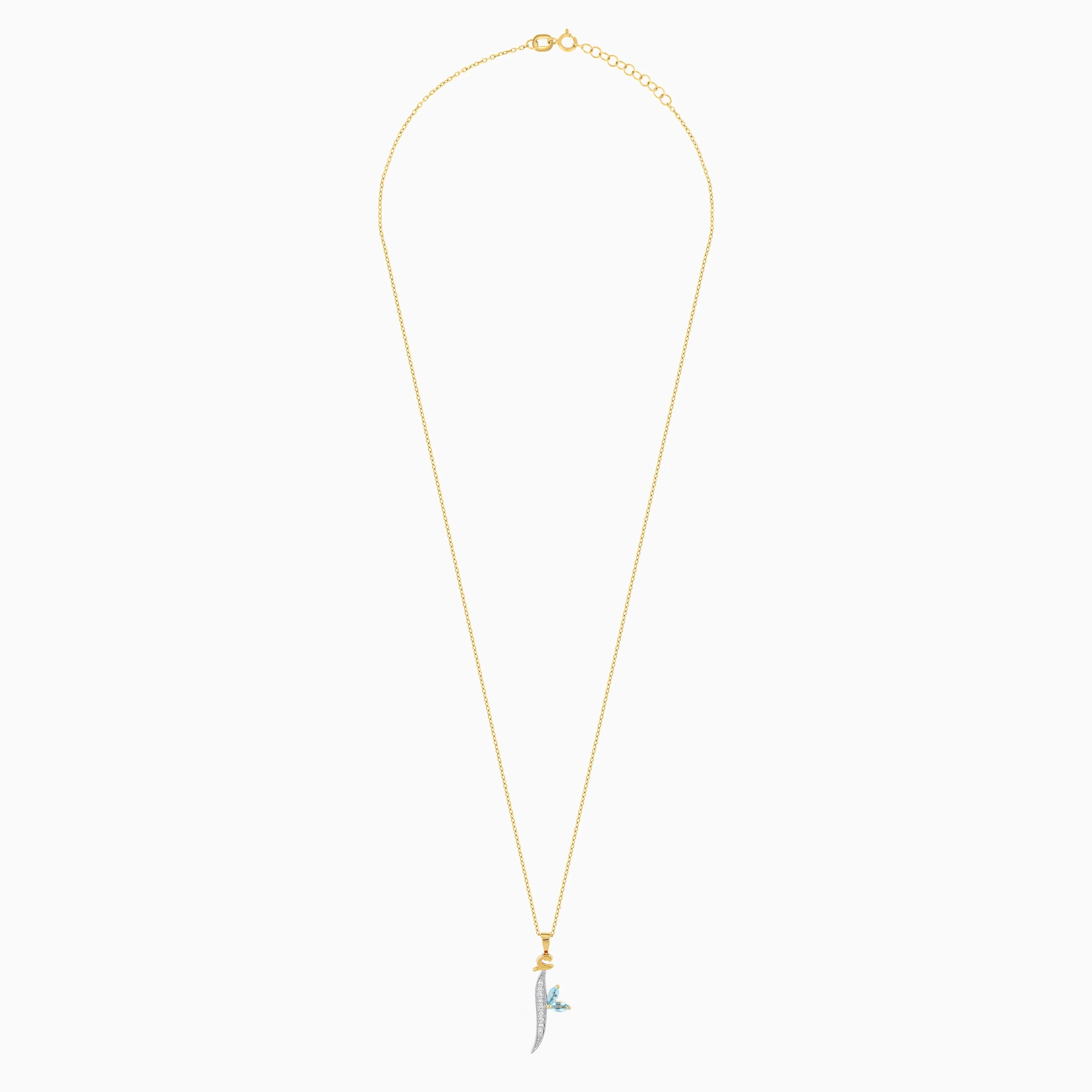 18k Yellow Gold 'ALIF' Arabic Letter Necklace with Natural Diamonds & Blue Topaz | Horoufi Diamond Collection - Image 3