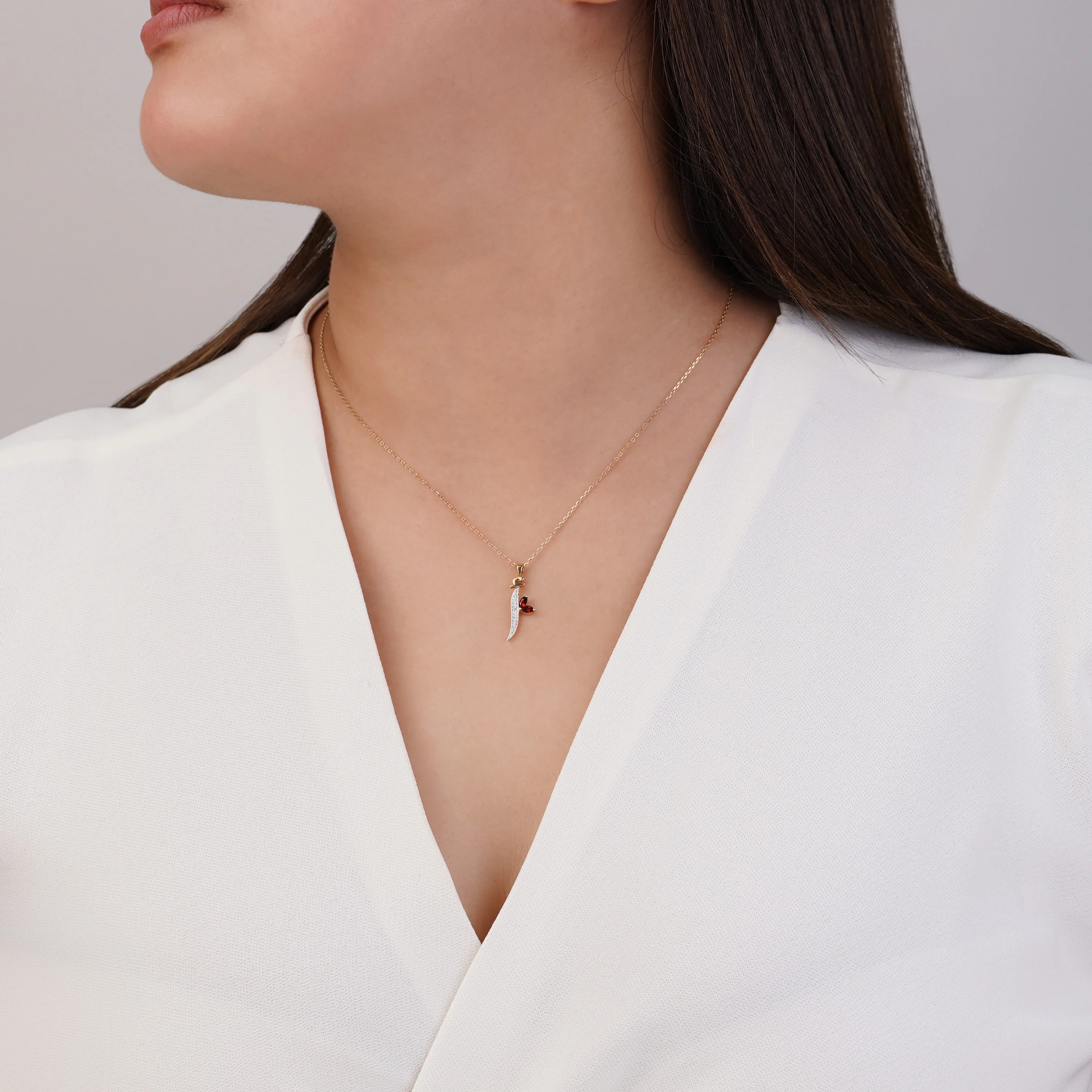 18k Yellow Gold 'ALIF' Arabic Letter Necklace with Natural Diamonds & Garnet | Horoufi Diamond Collection - Image 2