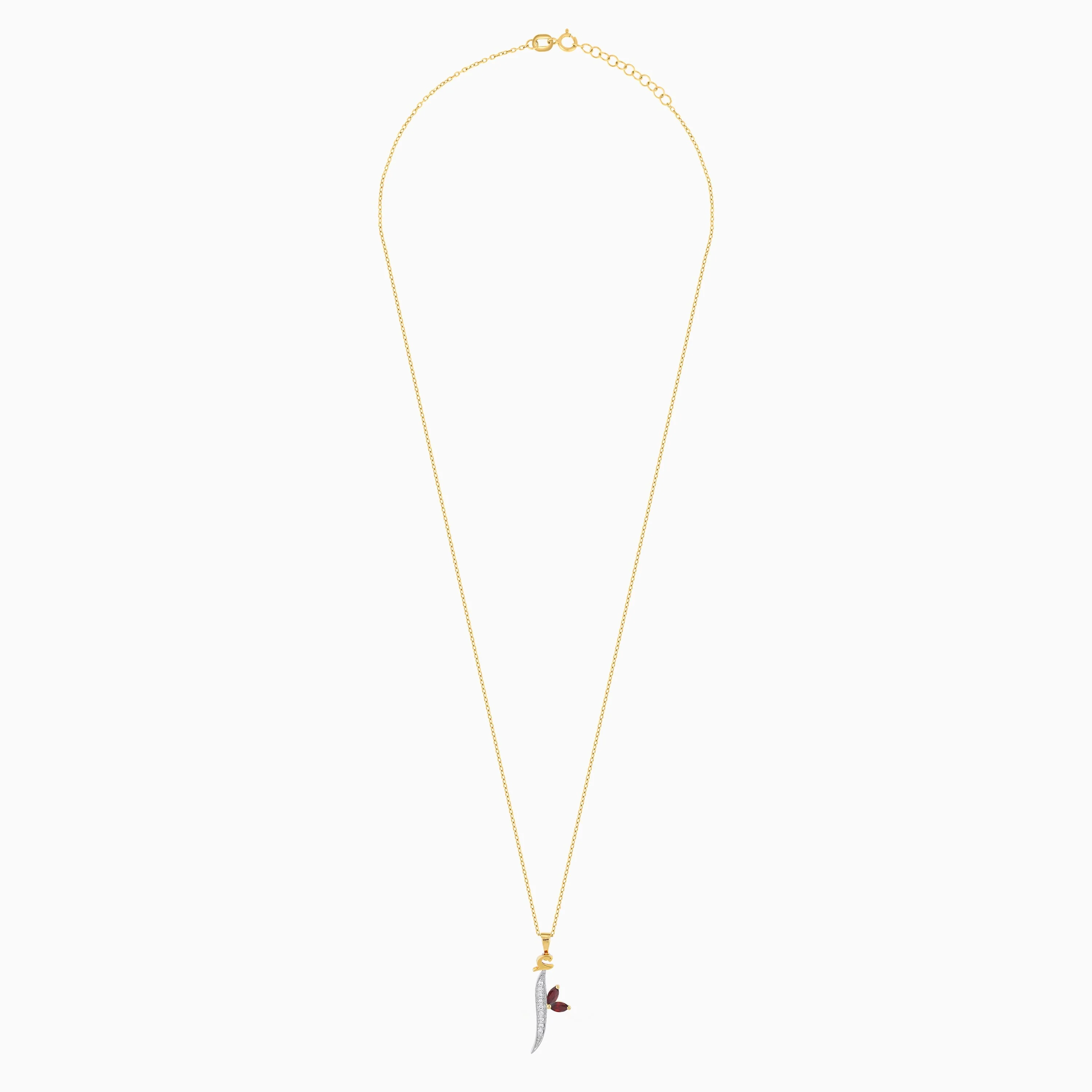 18k Yellow Gold 'ALIF' Arabic Letter Necklace with Natural Diamonds & Garnet | Horoufi Diamond Collection - Image 3