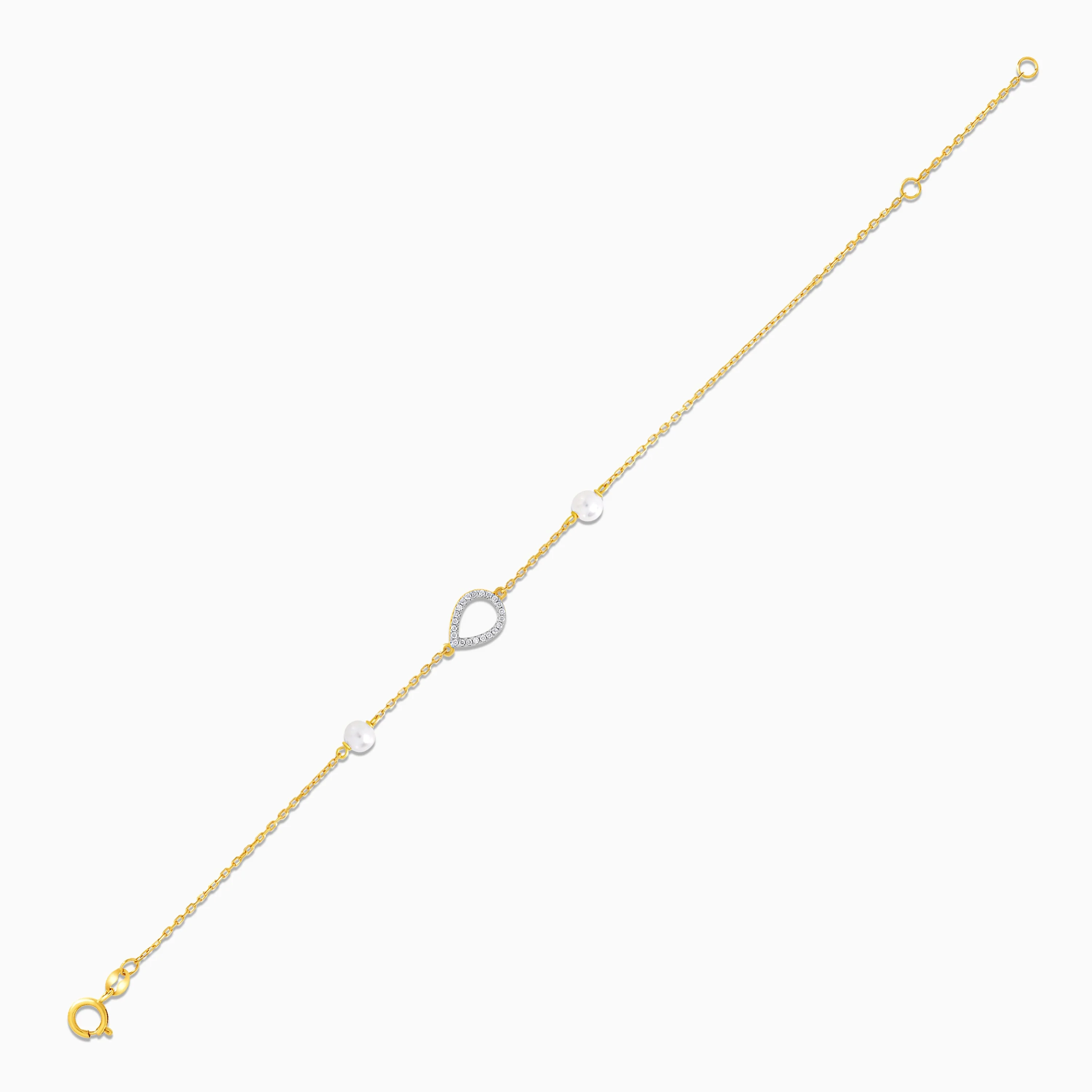 18K Yellow Gold Almond Design Bracelet with Diamonds and White Pearls - Danah Diamond Collection - Image 3