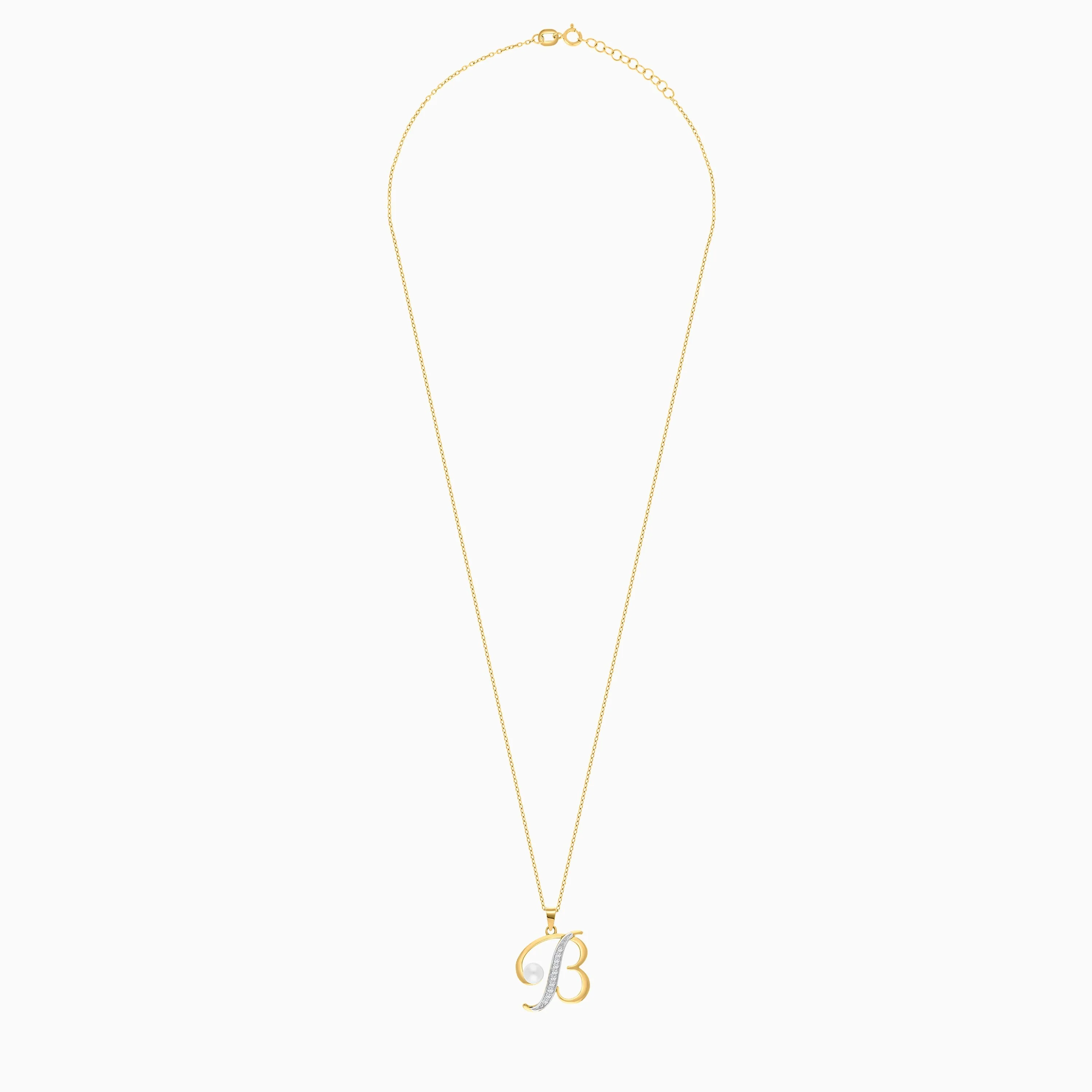 18k Yellow Gold 'B' Letter Necklace With Natural Diamonds and Pearl | Alpha Collection - Image 3