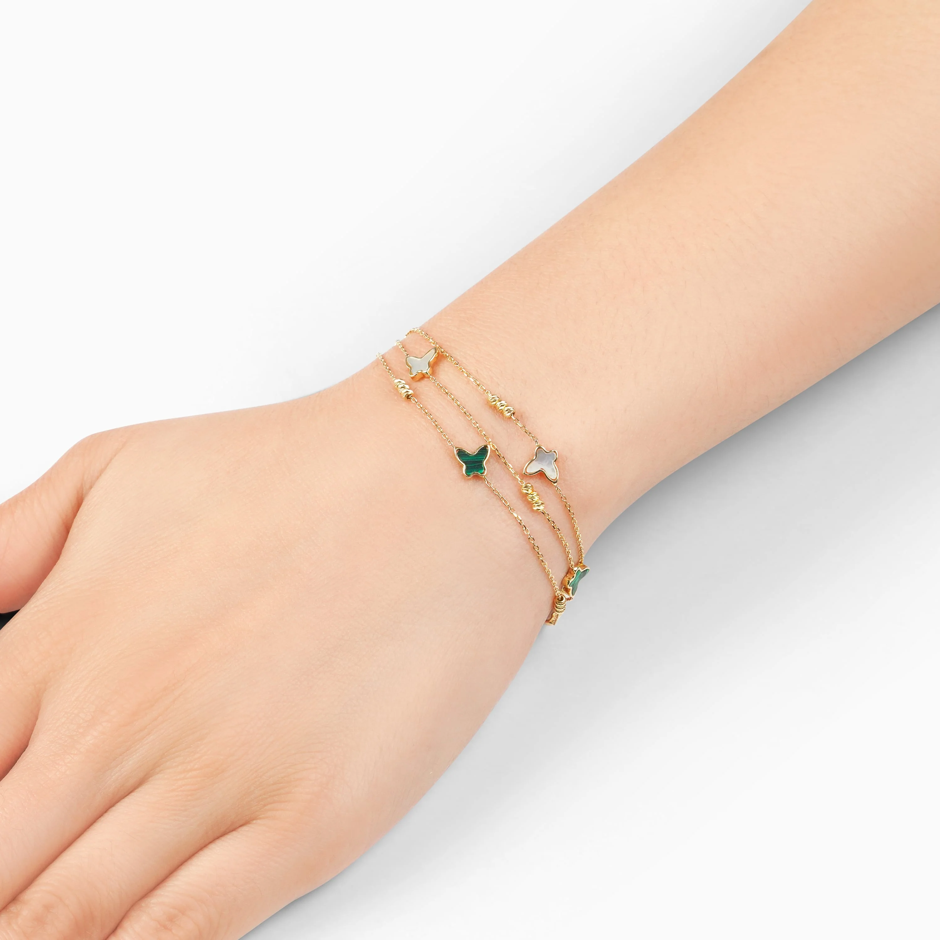 18k yellow gold bracelet three-layer decorated with mother of pearl and malachite stones in butterfly shape - Image 3