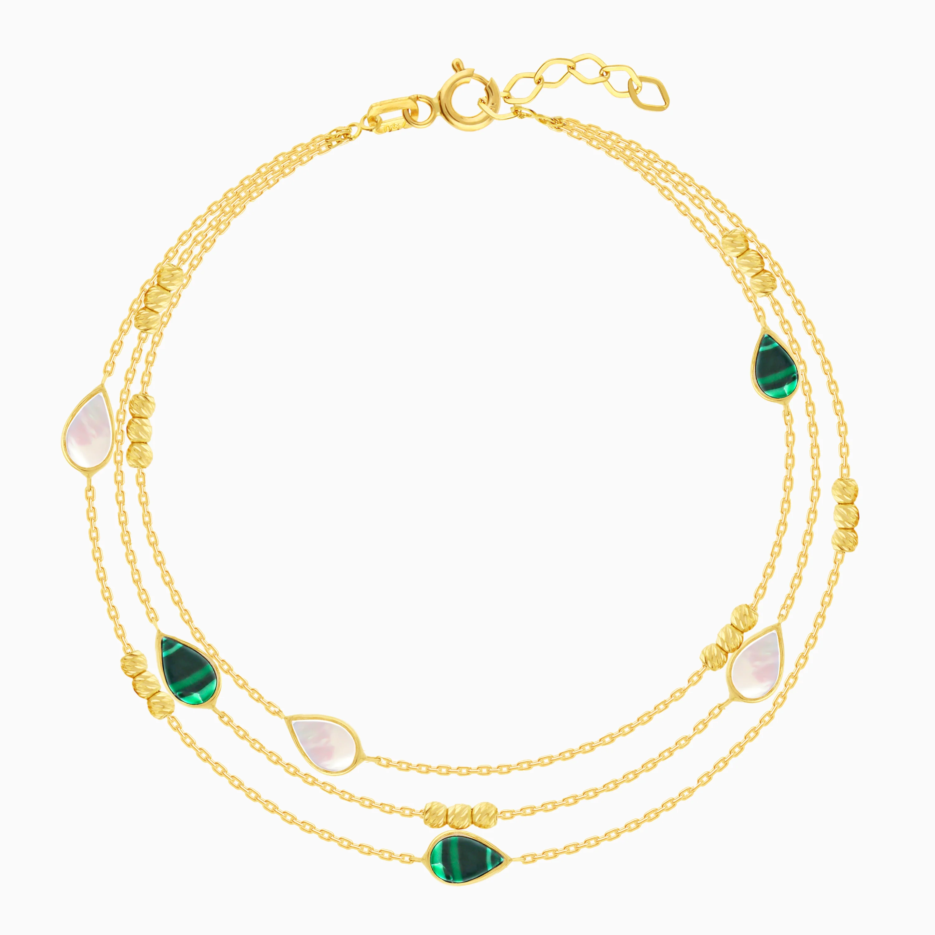 18k yellow gold bracelet three-layer decorated with mother of pearl and malachite stones in drop shape from Eclat collection - Image 3