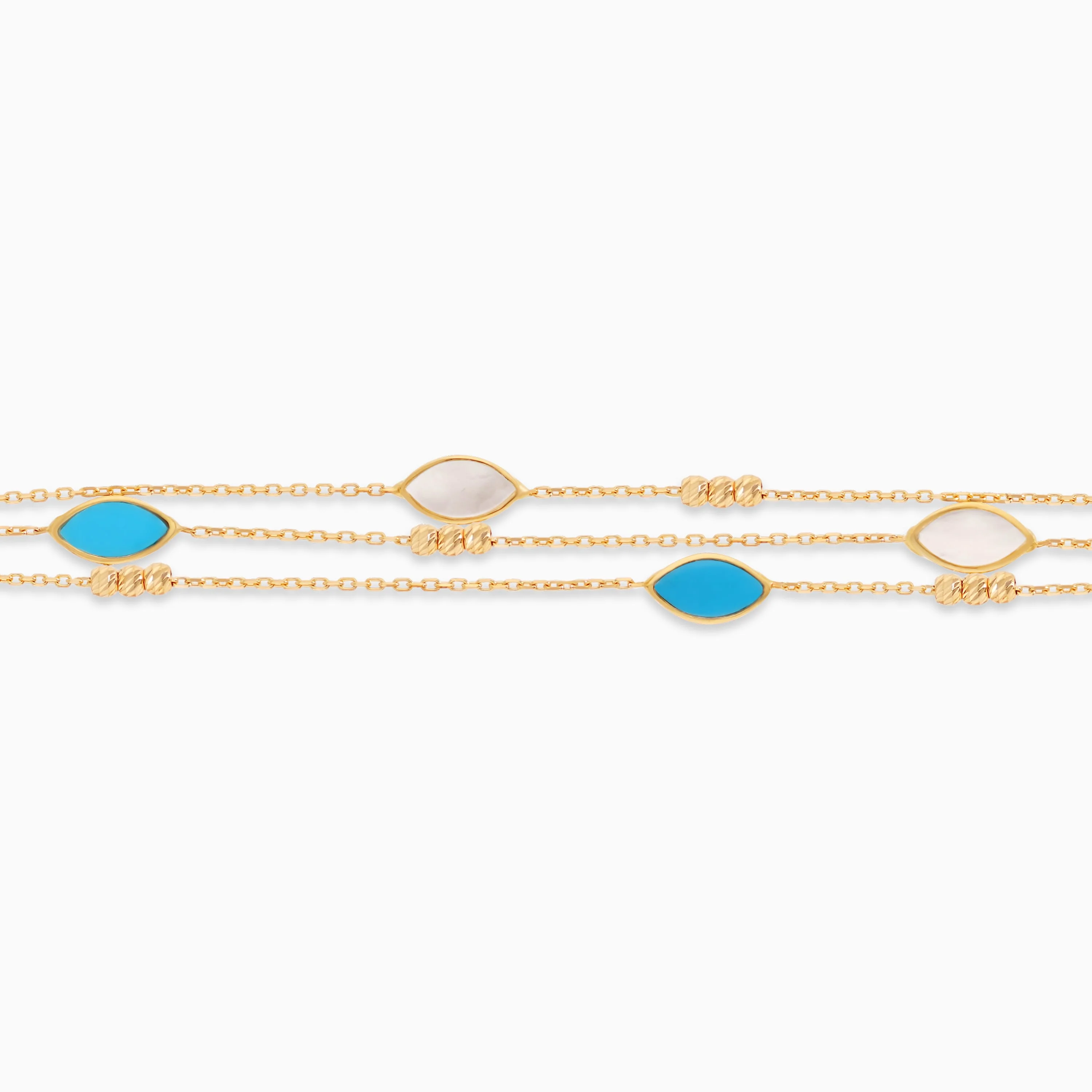 18k yellow gold bracelet three-layer decorated with mother of pearl and turquoise stones - Image 3