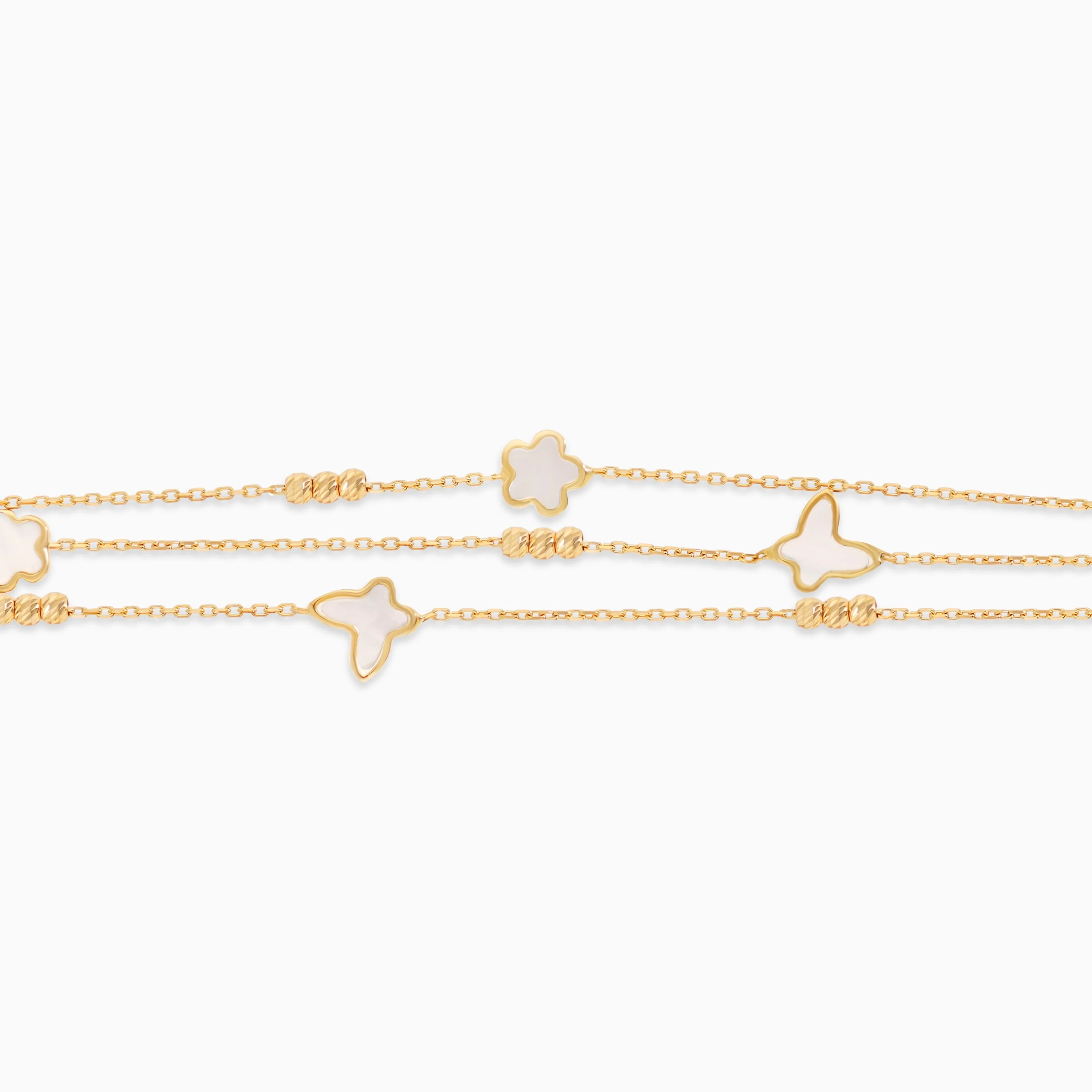 18k yellow gold bracelet three-layer decorated with mother of pearl in butterfly and flower shapes - Image 3