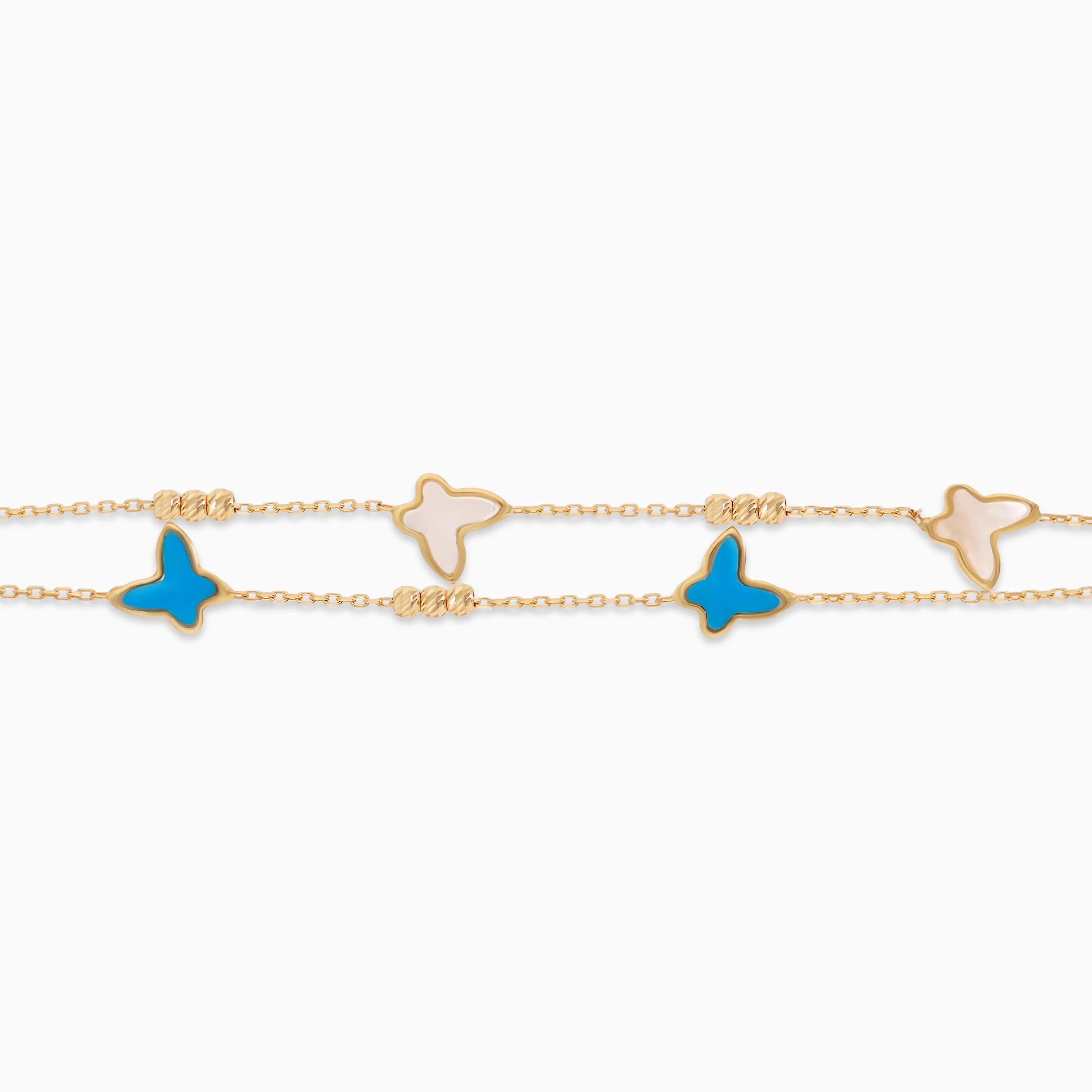 18K Yellow Gold Double-Layer Butterfly Bracelet with Mother of Pearl and Turquoise – Eclat Collection - Image 3
