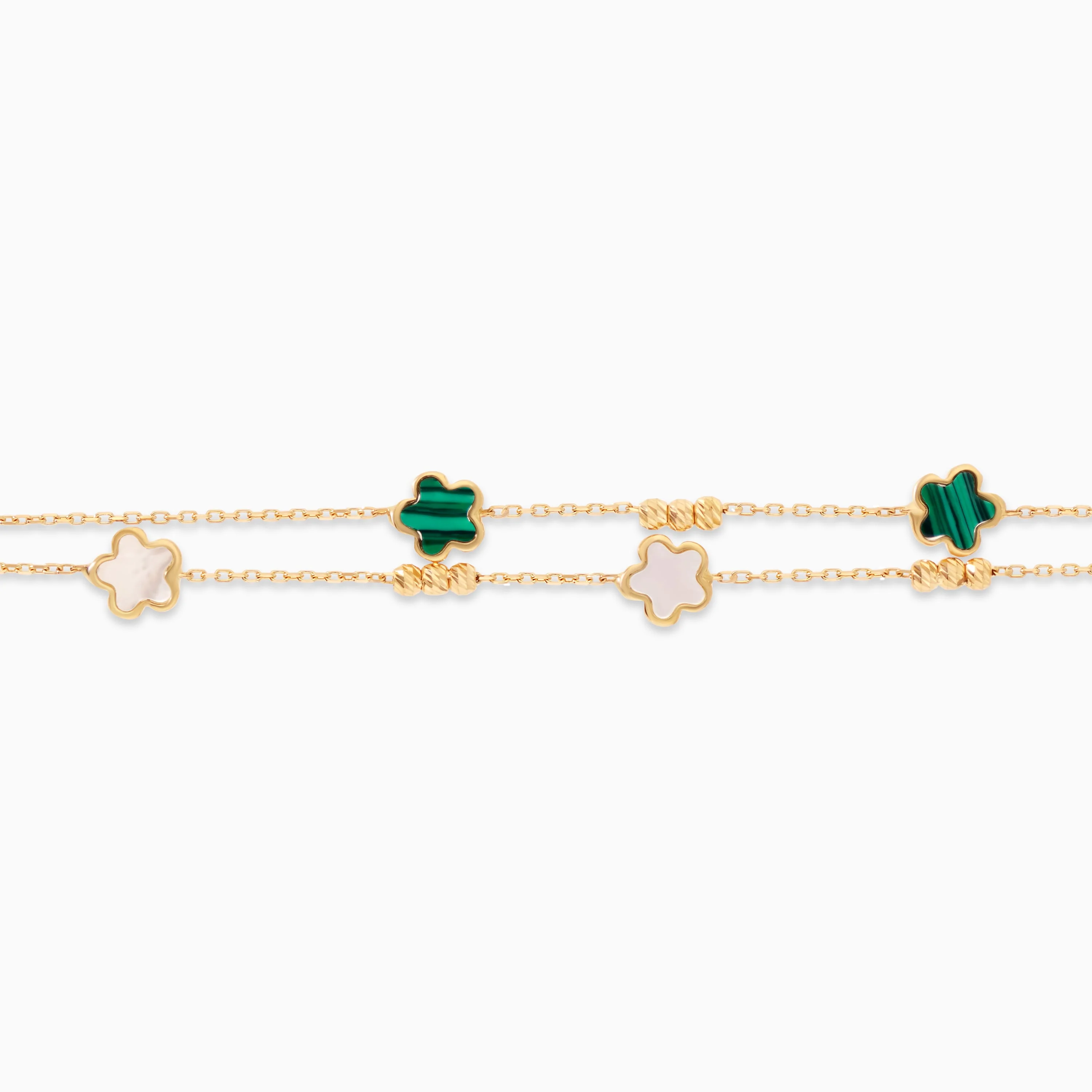 18K Yellow Gold Double-Layer Flower Bracelet with Mother of Pearl and Malachite – Eclat Collection - Image 3