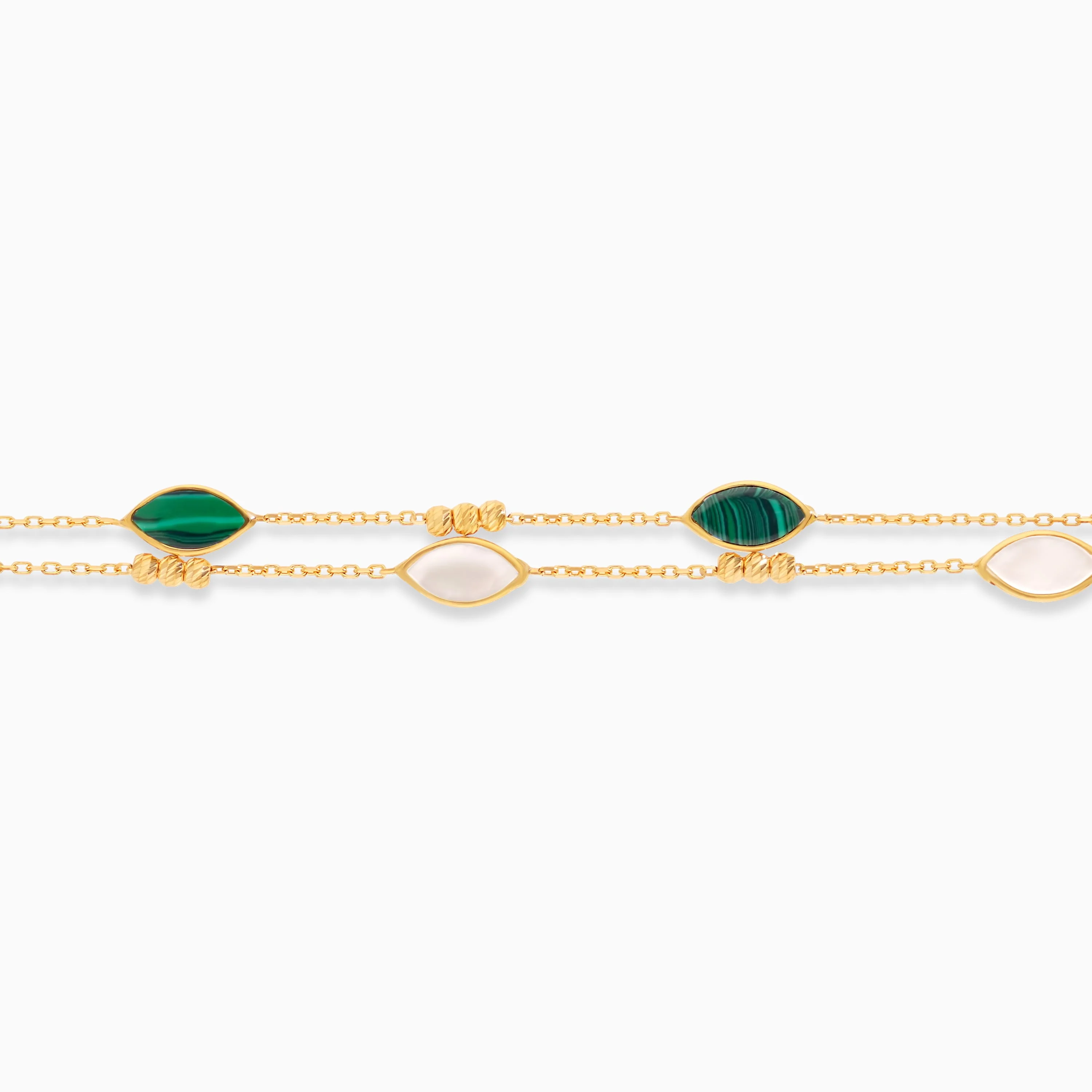 18K Yellow Gold Double-Layer Oval Bracelet with Mother of Pearl and Malachite – Eclat Collection - Image 3