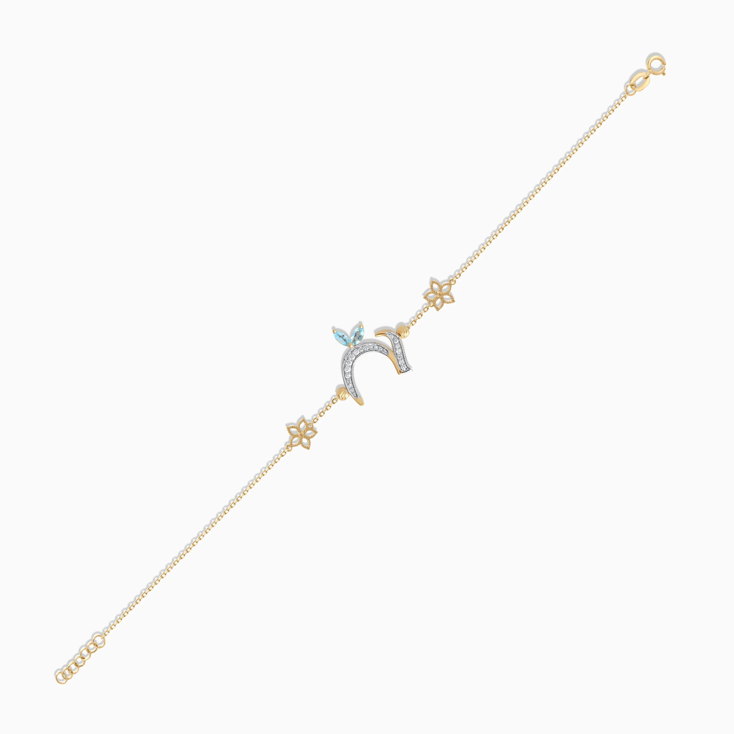 18K Yellow Gold Arabic 'Haa' Letter Bracelet with Natural Diamonds & Blue Topaz | Horoufi Diamond Collection - Image 3