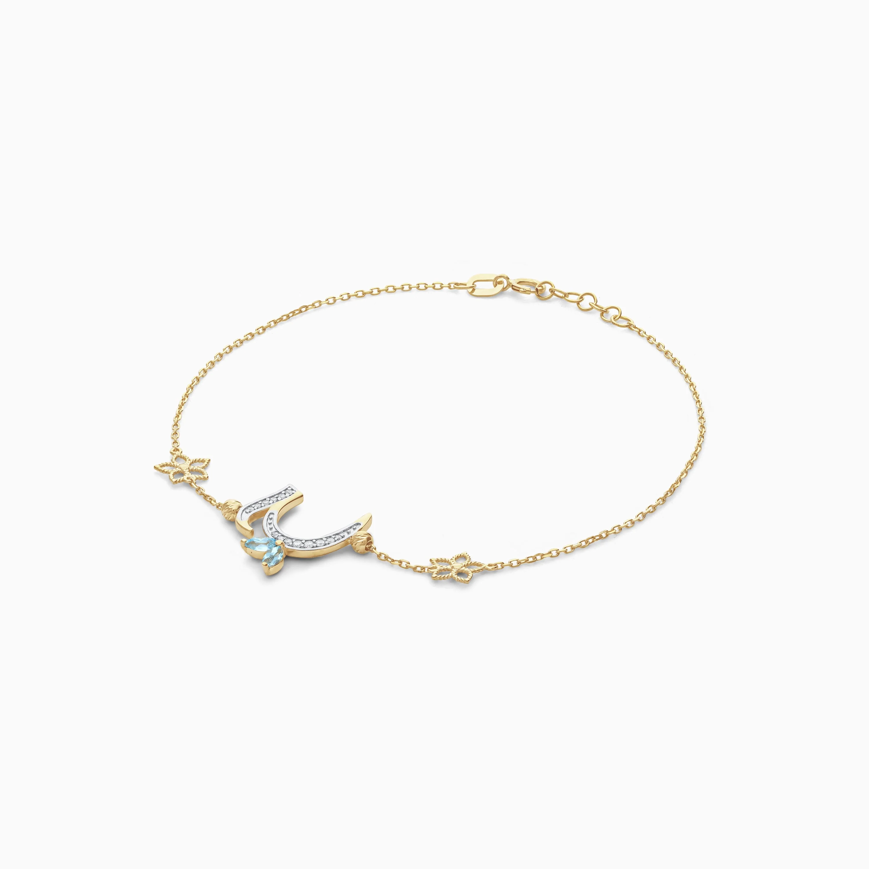18K Yellow Gold Arabic 'Haa' Letter Bracelet with Natural Diamonds & Blue Topaz | Horoufi Diamond Collection - Image 4