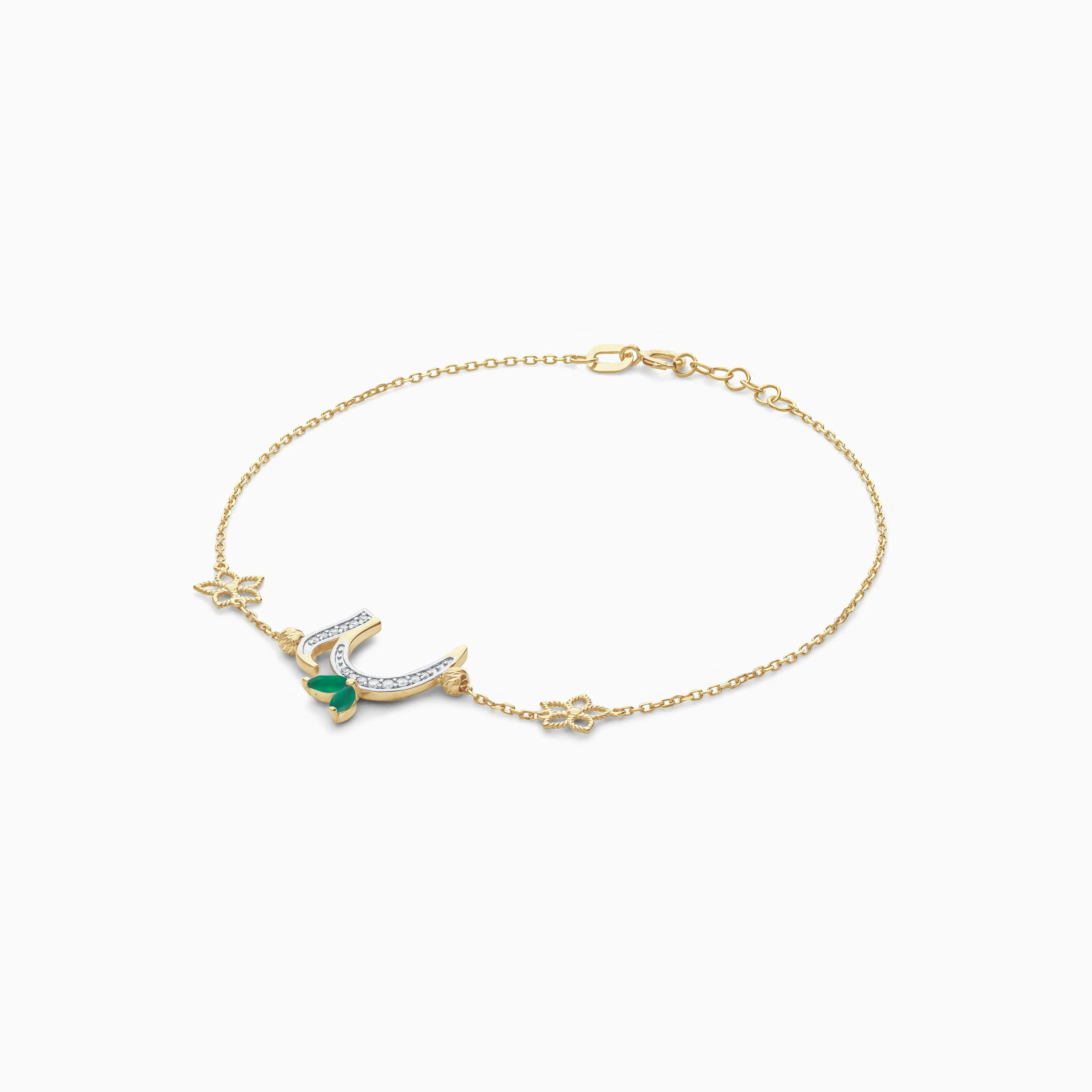 18K Yellow Gold 'Haa' Letter Bracelet with Diamonds & Green Agate | Horoufi Diamond Collection - Image 4