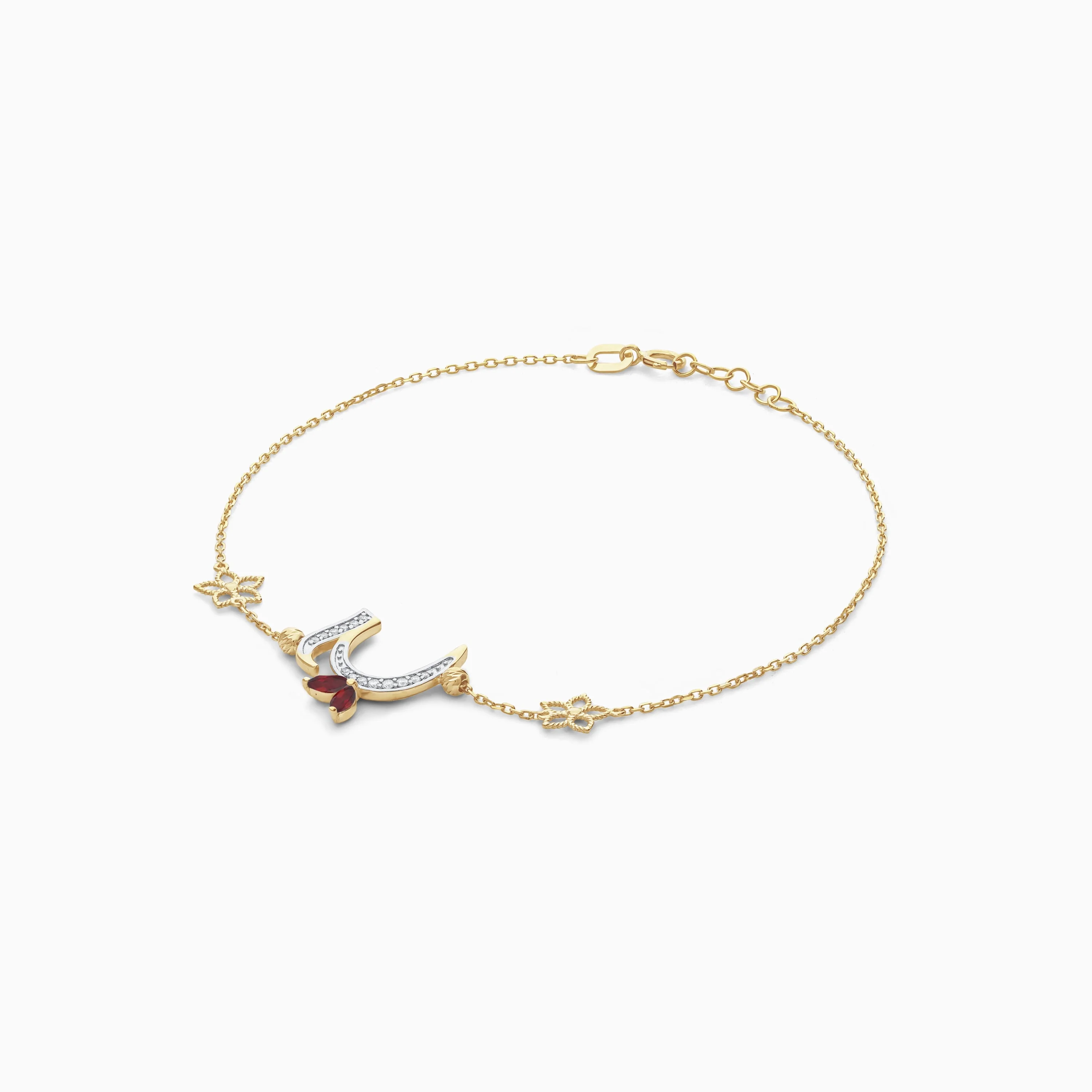 18k Yellow Gold ‘Haa’ Arabic Letter Bracelet with Diamonds & Red Garnet | Horoufi Diamond Collection - Image 3
