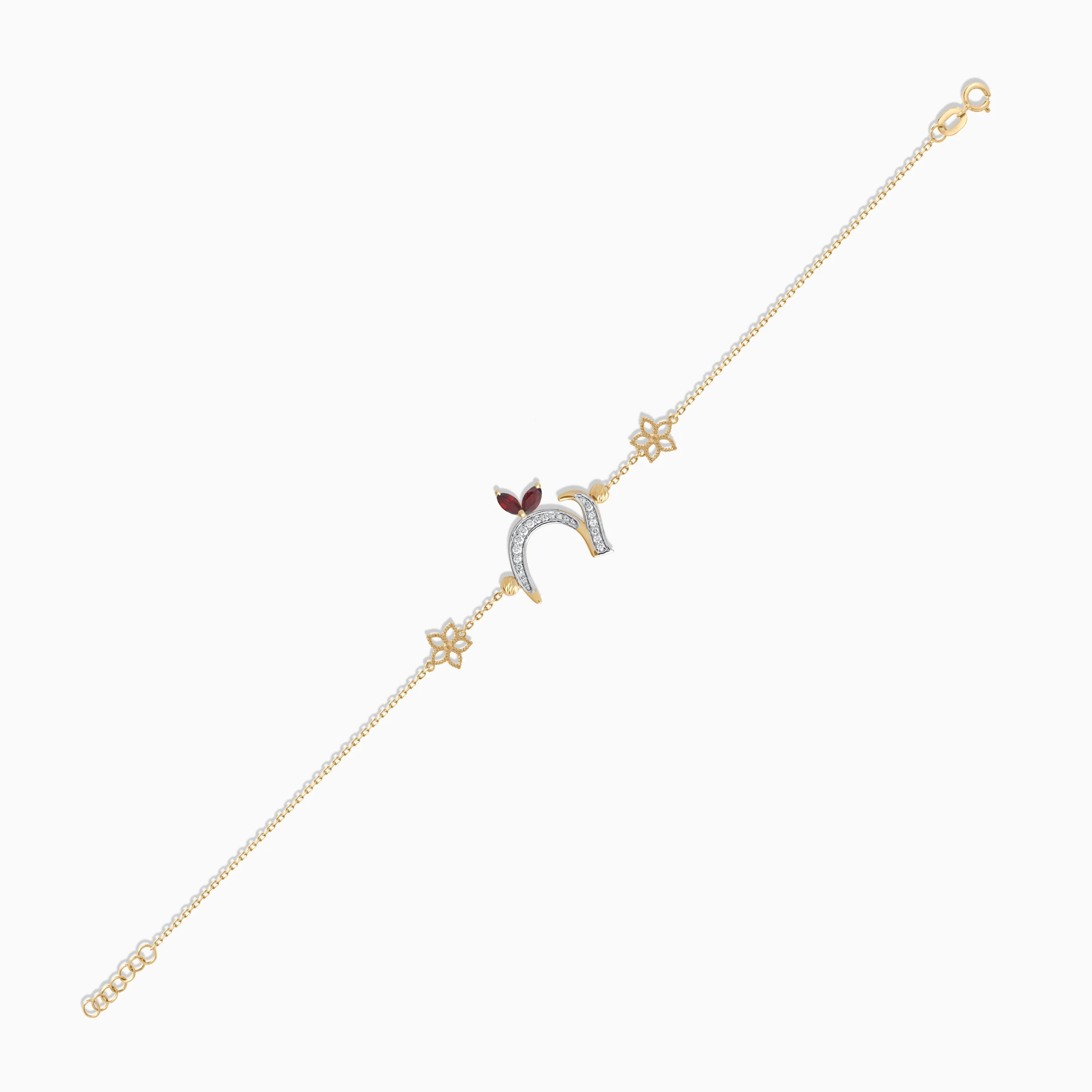 18k Yellow Gold ‘Haa’ Arabic Letter Bracelet with Diamonds & Red Garnet | Horoufi Diamond Collection - Image 4