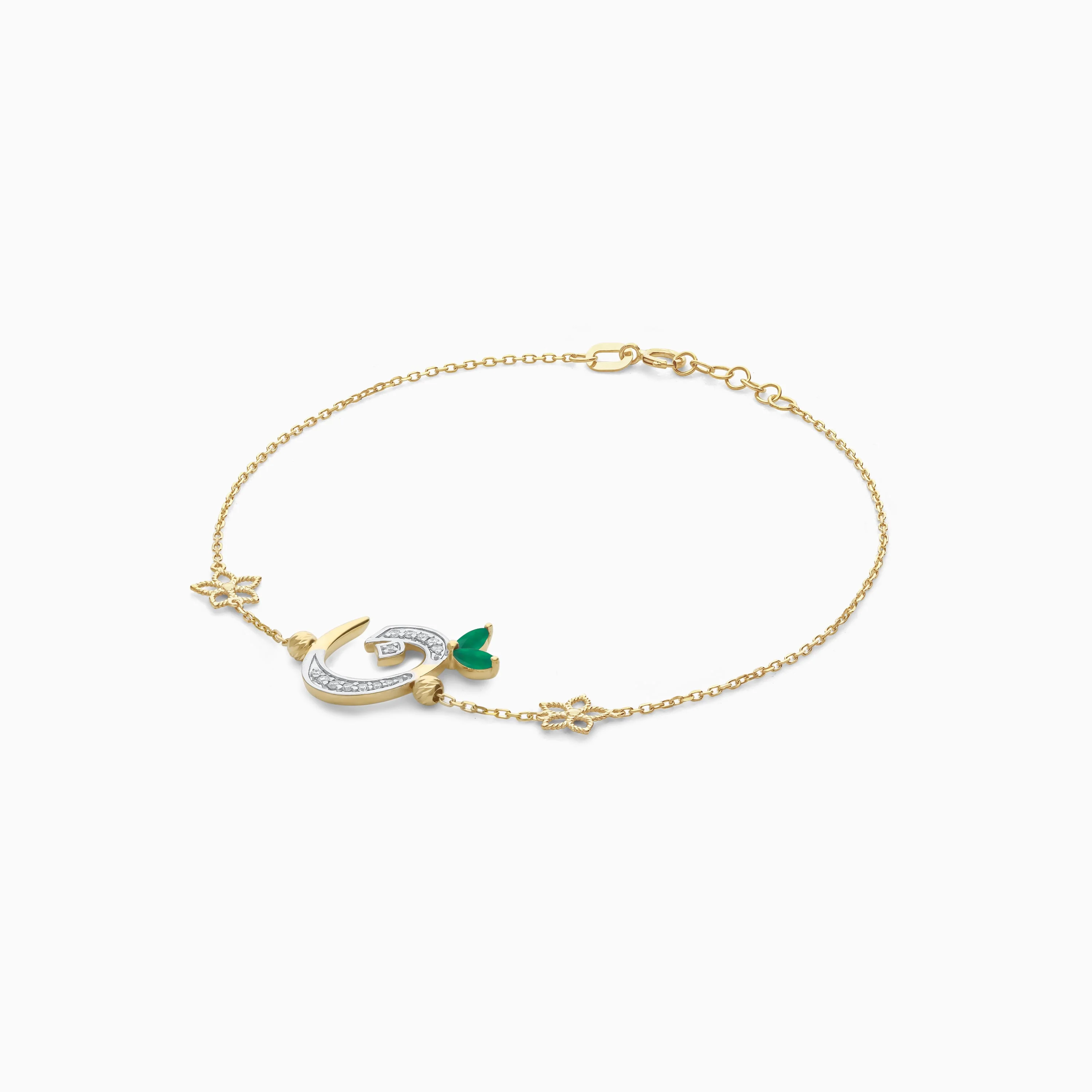 18K Yellow Gold Arabic 'Noon' Bracelet with Natural Diamonds & Green Agate | Horoufi Diamond Collection - Image 4