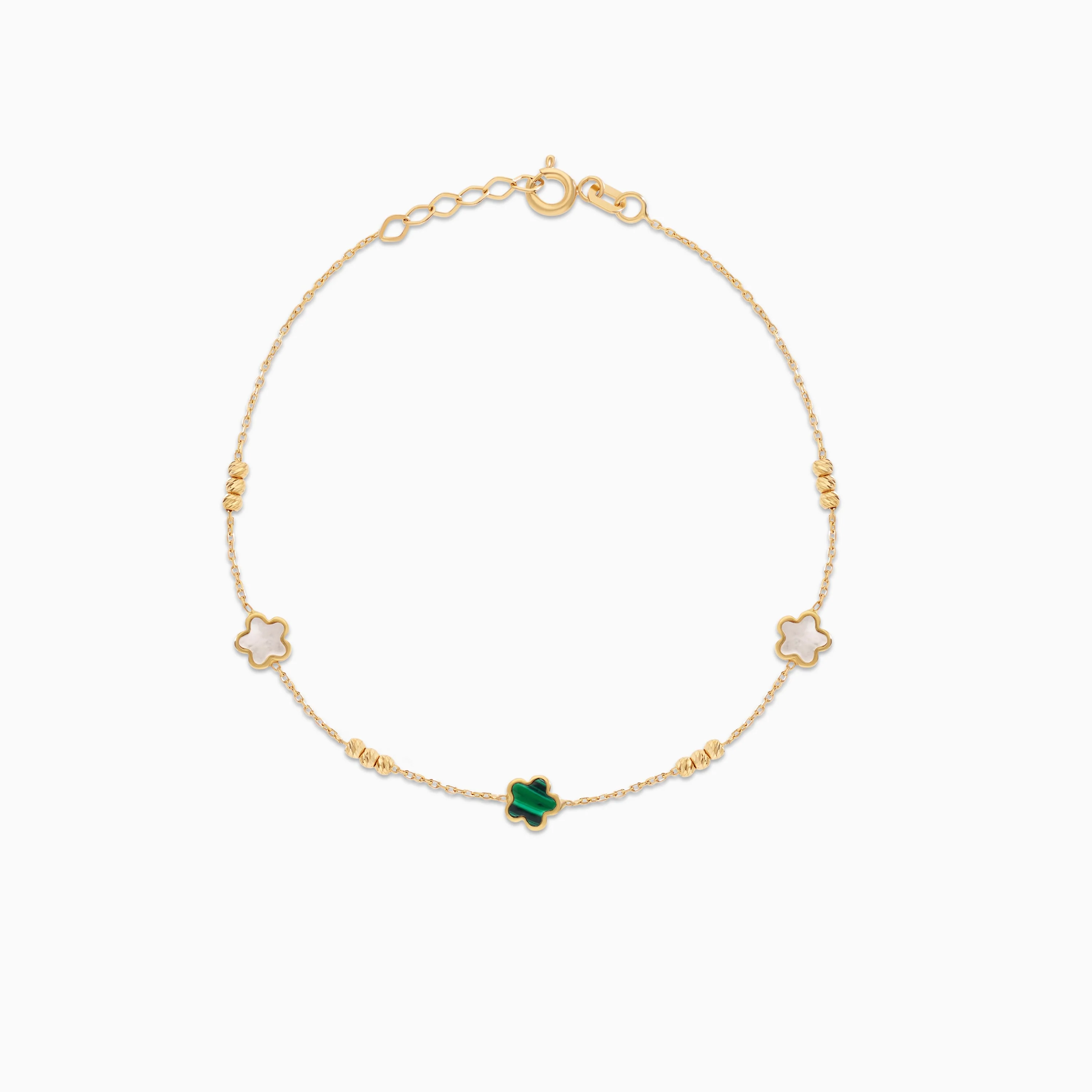 18K Yellow Gold Flower Bracelet with Mother of Pearl and Malachite – Eclat Collection - Image 3