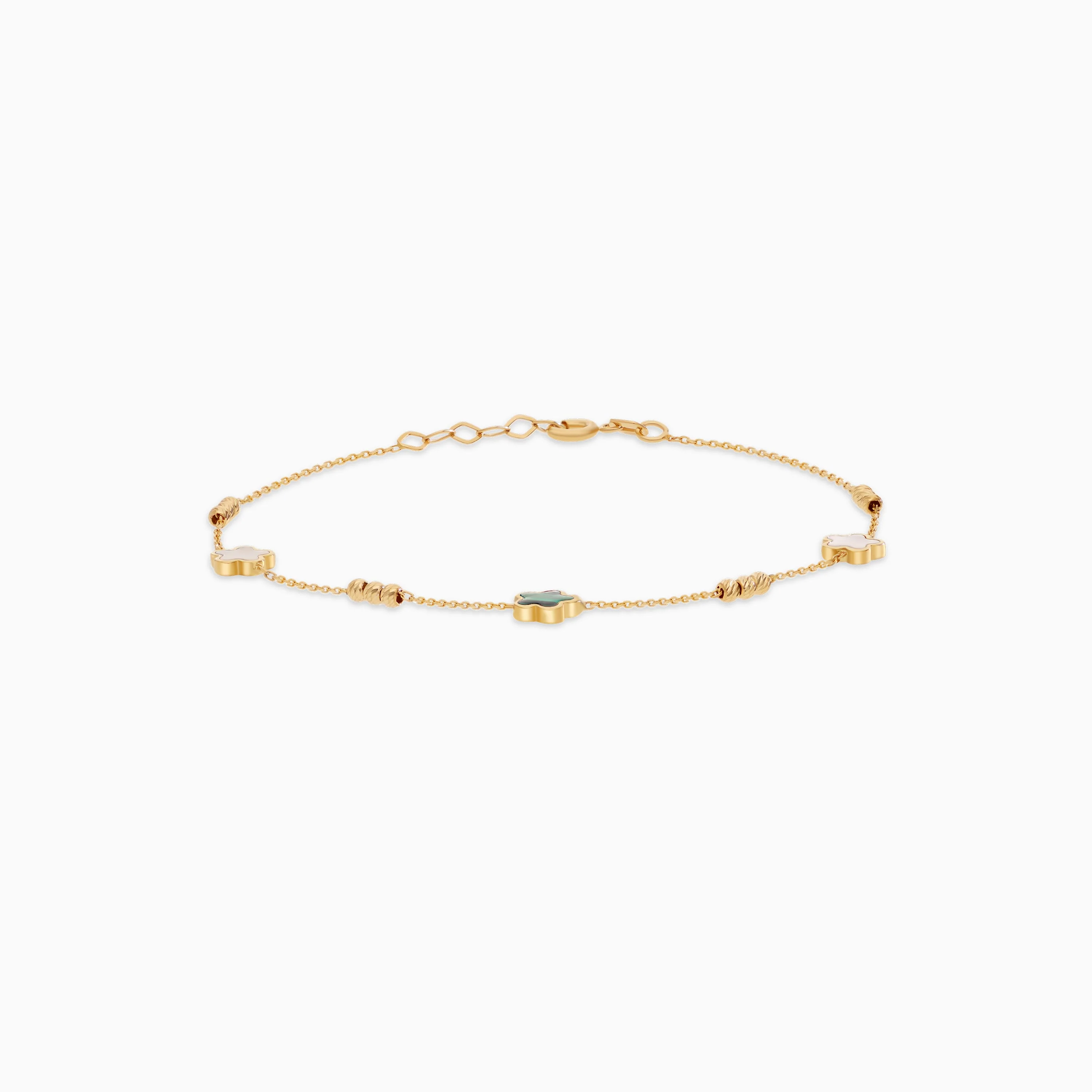18K Yellow Gold Flower Bracelet with Mother of Pearl and Malachite – Eclat Collection - Image 4