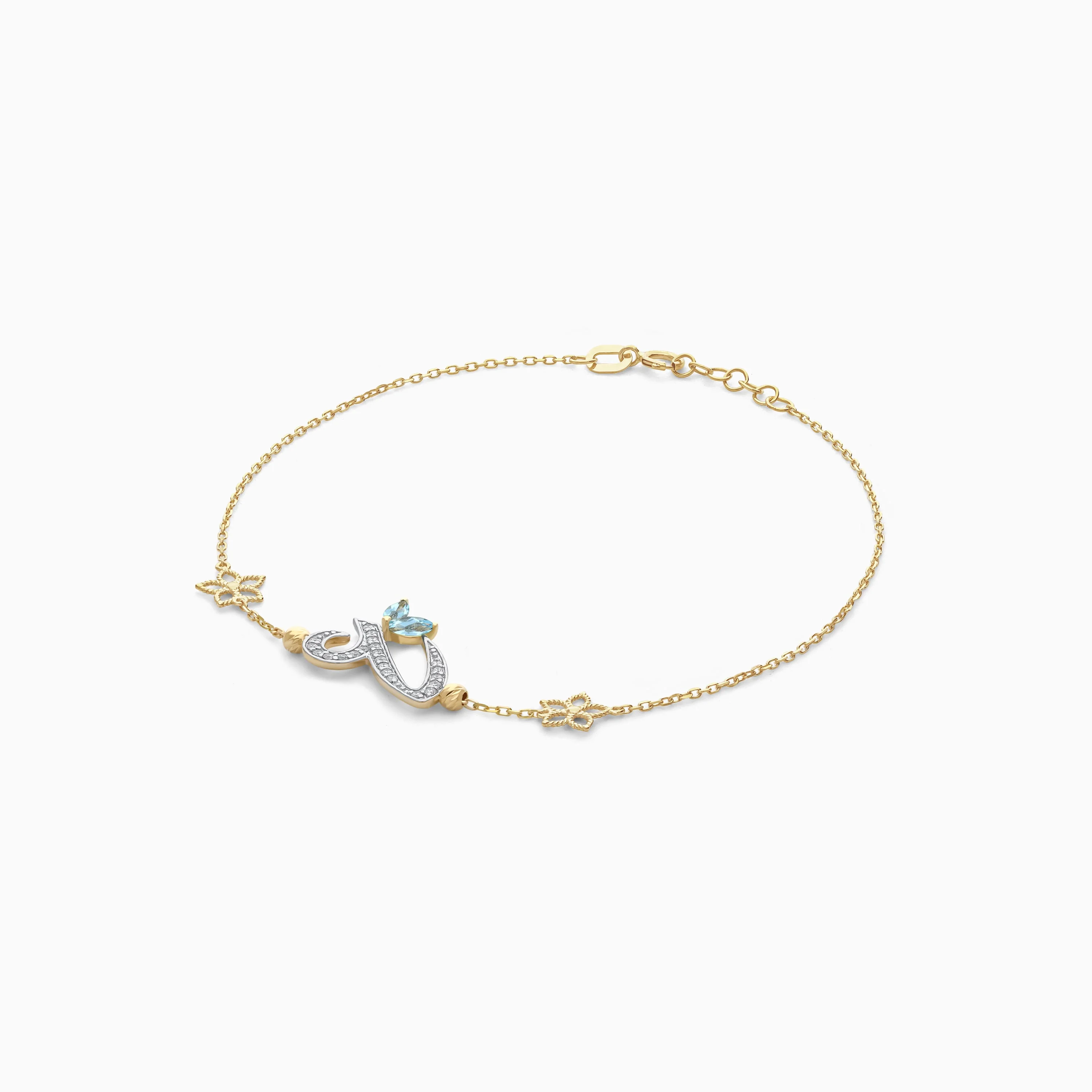 18K Yellow Gold Arabic ‘Ain’ Bracelet with Natural Diamond & Blue Topaz | Horoufi Diamond Collection - Image 4