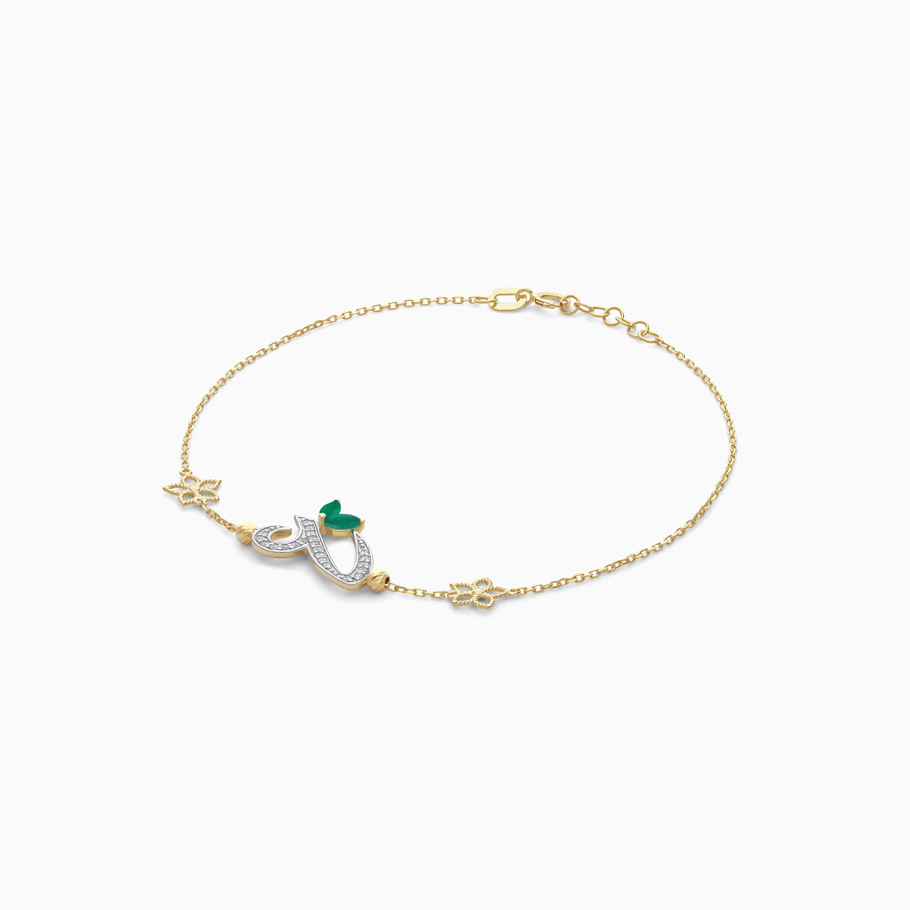 18K Yellow Gold Arabic ‘Ain’ Bracelet with Natural Diamonds & Green Agate | Horoufi Diamond Collection - Image 3