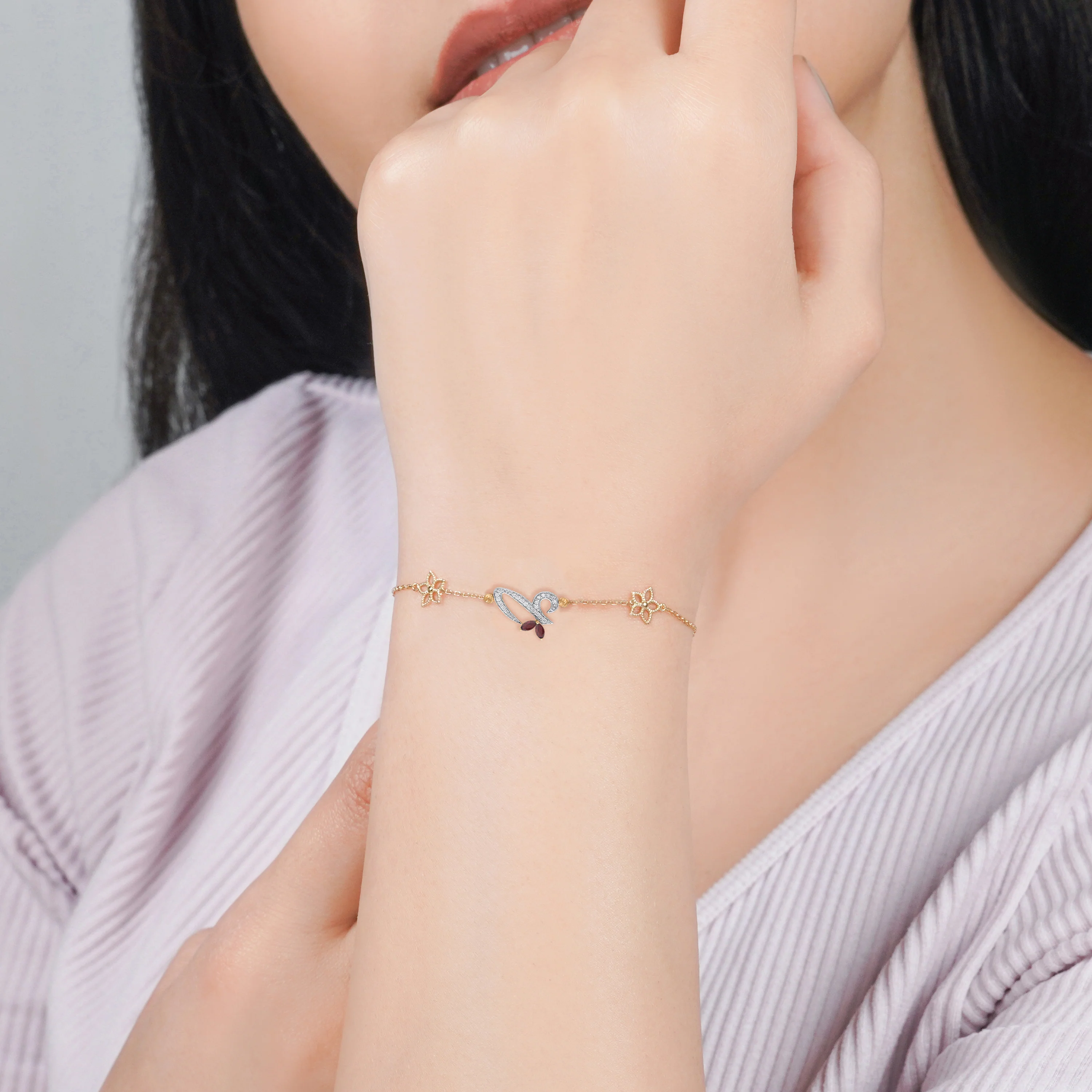 18K Yellow Gold Arabic ‘Ain’ Bracelet with Natural Diamond & Red Garnet | Horoufi Diamond Collection - Image 2