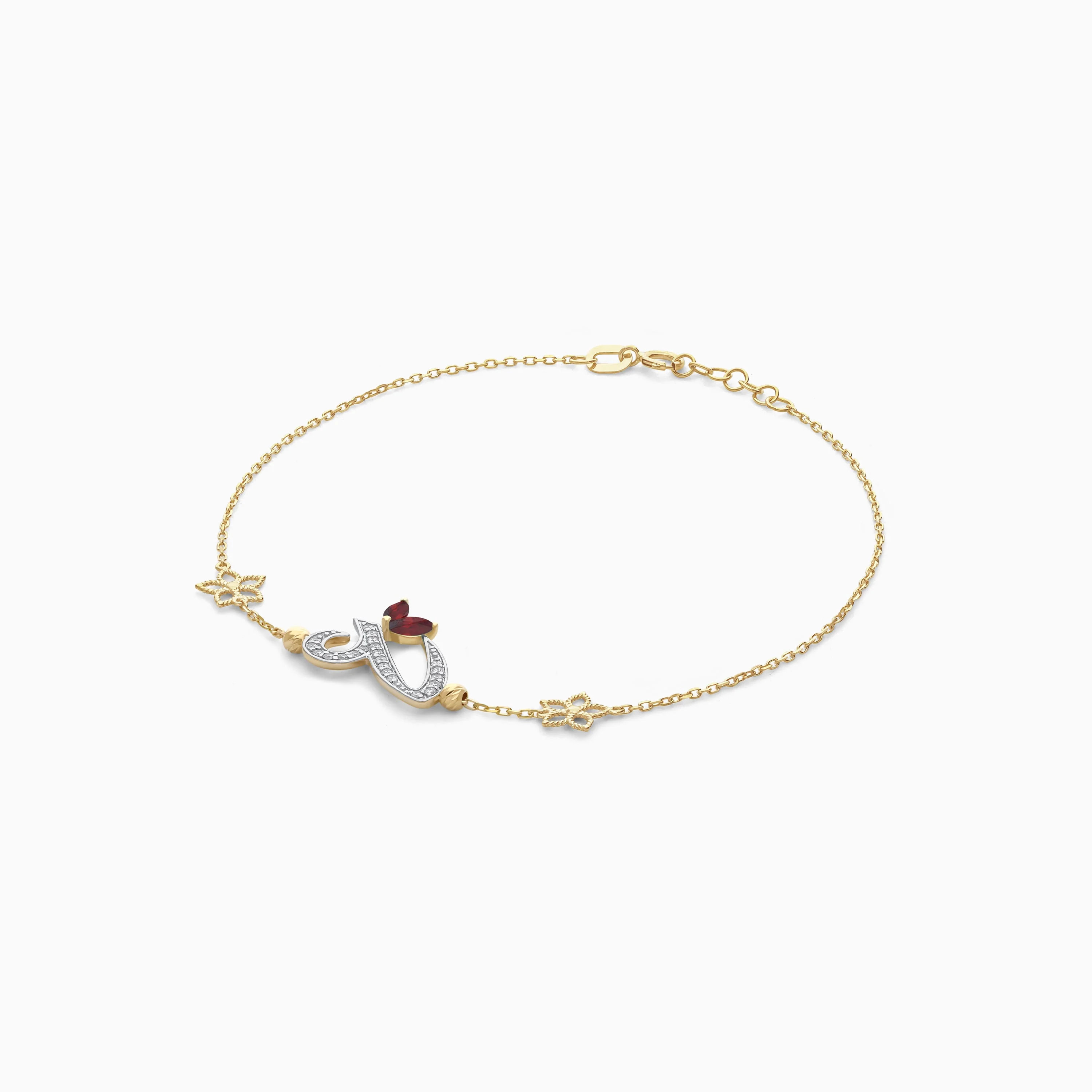 18K Yellow Gold Arabic ‘Ain’ Bracelet with Natural Diamond & Red Garnet | Horoufi Diamond Collection - Image 3