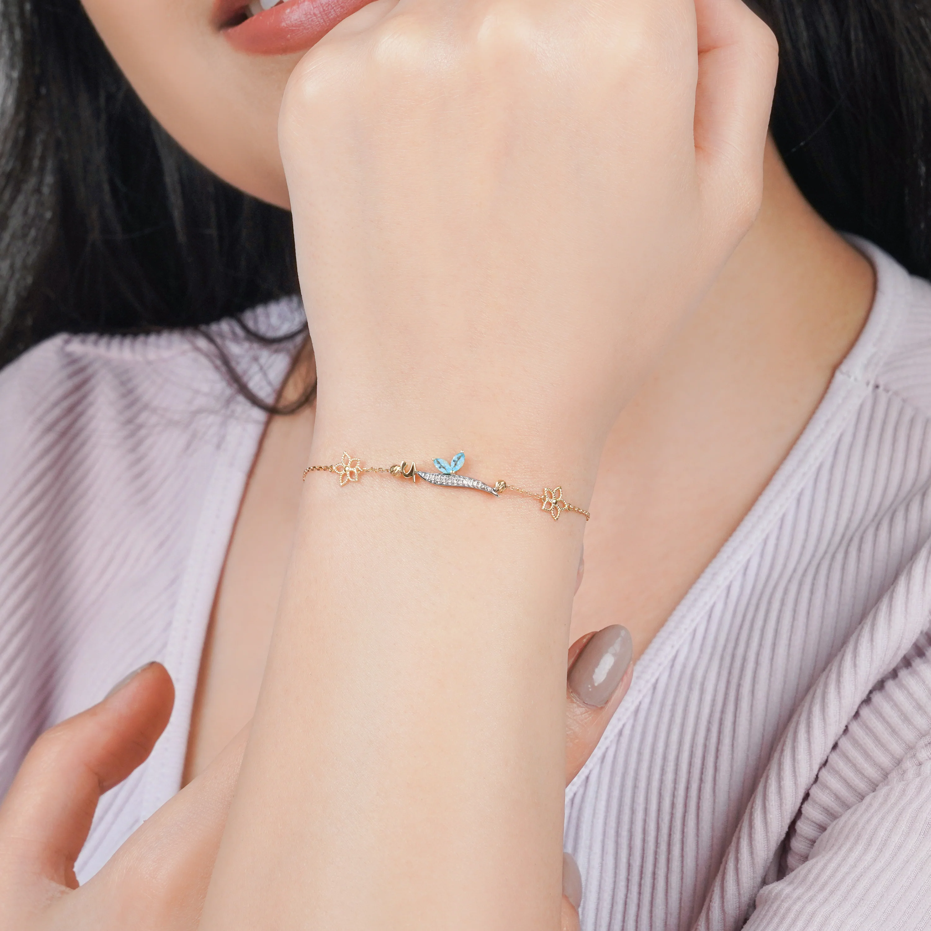 18k Yellow Gold ‘Alif’ Bracelet with Natural Diamonds & Blue Topaz | Horoufi Diamond Collection - Image 2