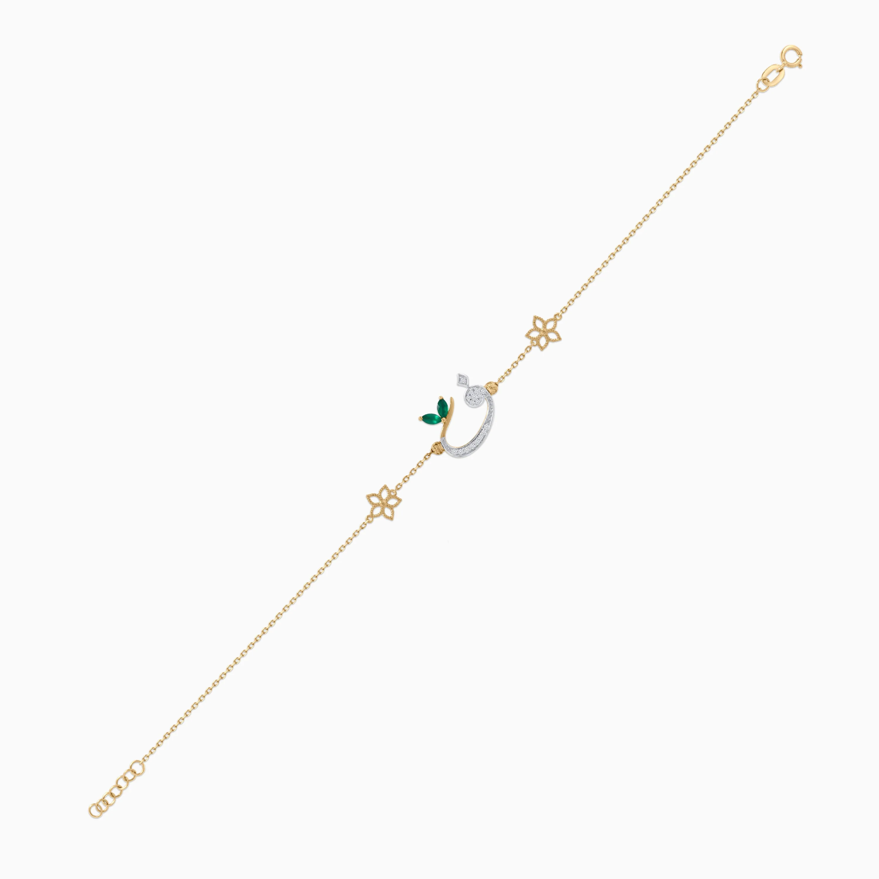 18K Yellow Gold Arabic Letter 'Faa' Bracelet with Natural Diamonds & Green Agate | Horoufi Diamond Collection - Image 3