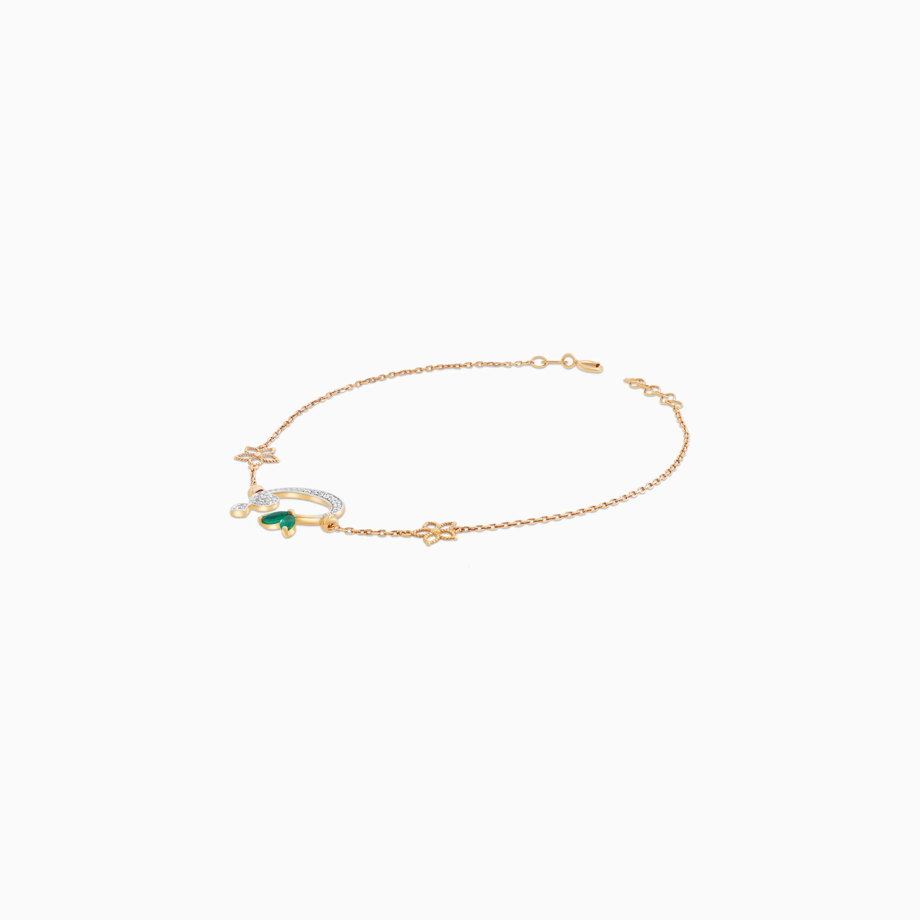 18K Yellow Gold Arabic Letter 'Faa' Bracelet with Natural Diamonds & Green Agate | Horoufi Diamond Collection - Image 4