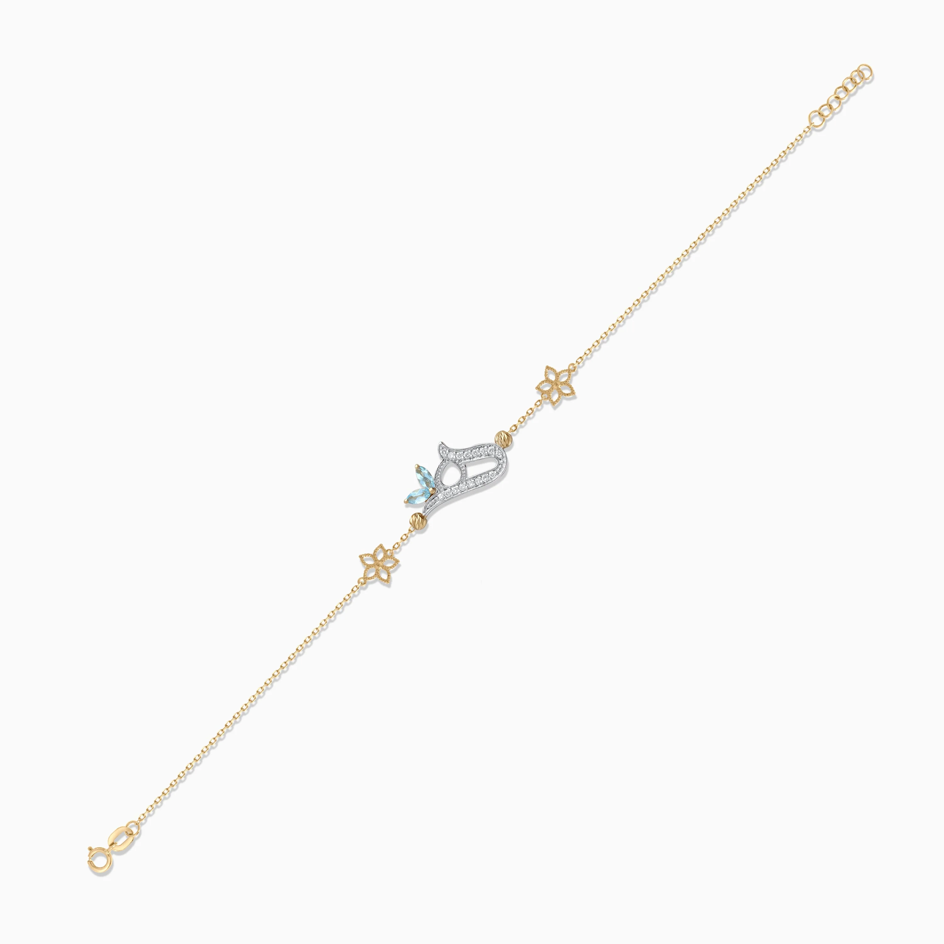 18K Yellow Gold Arabic Letter ‘Haa’ Bracelet with Natural Diamond & Blue Topaz | Horoufi Diamond Collection - Image 3