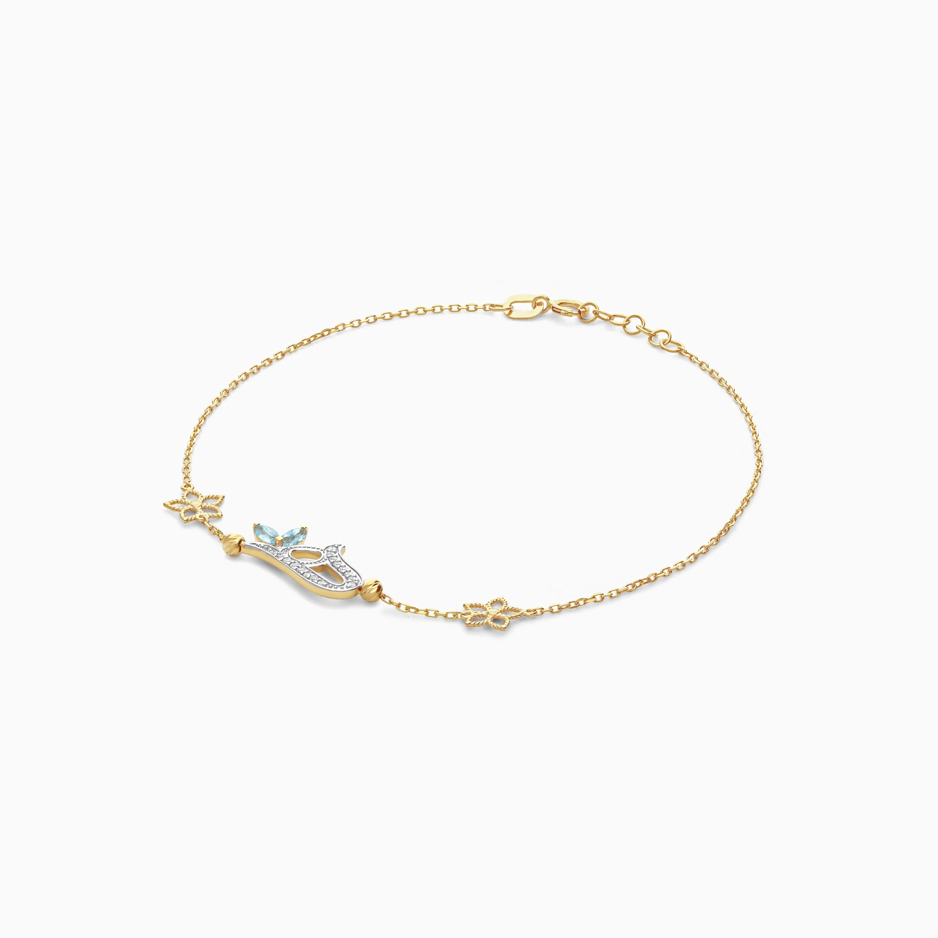 18K Yellow Gold Arabic Letter ‘Haa’ Bracelet with Natural Diamond & Blue Topaz | Horoufi Diamond Collection - Image 4