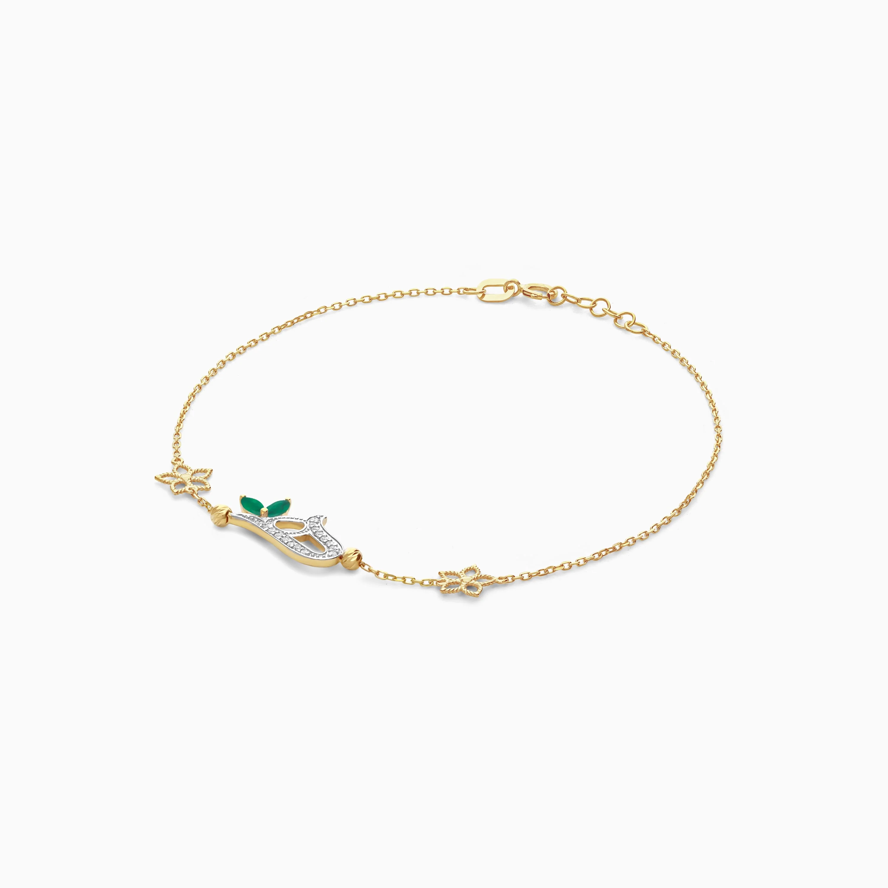 18K Yellow Gold Arabic Letter ‘Haa’ Bracelet with Natural Diamond & Green Agate | Horoufi Diamond Collection - Image 3