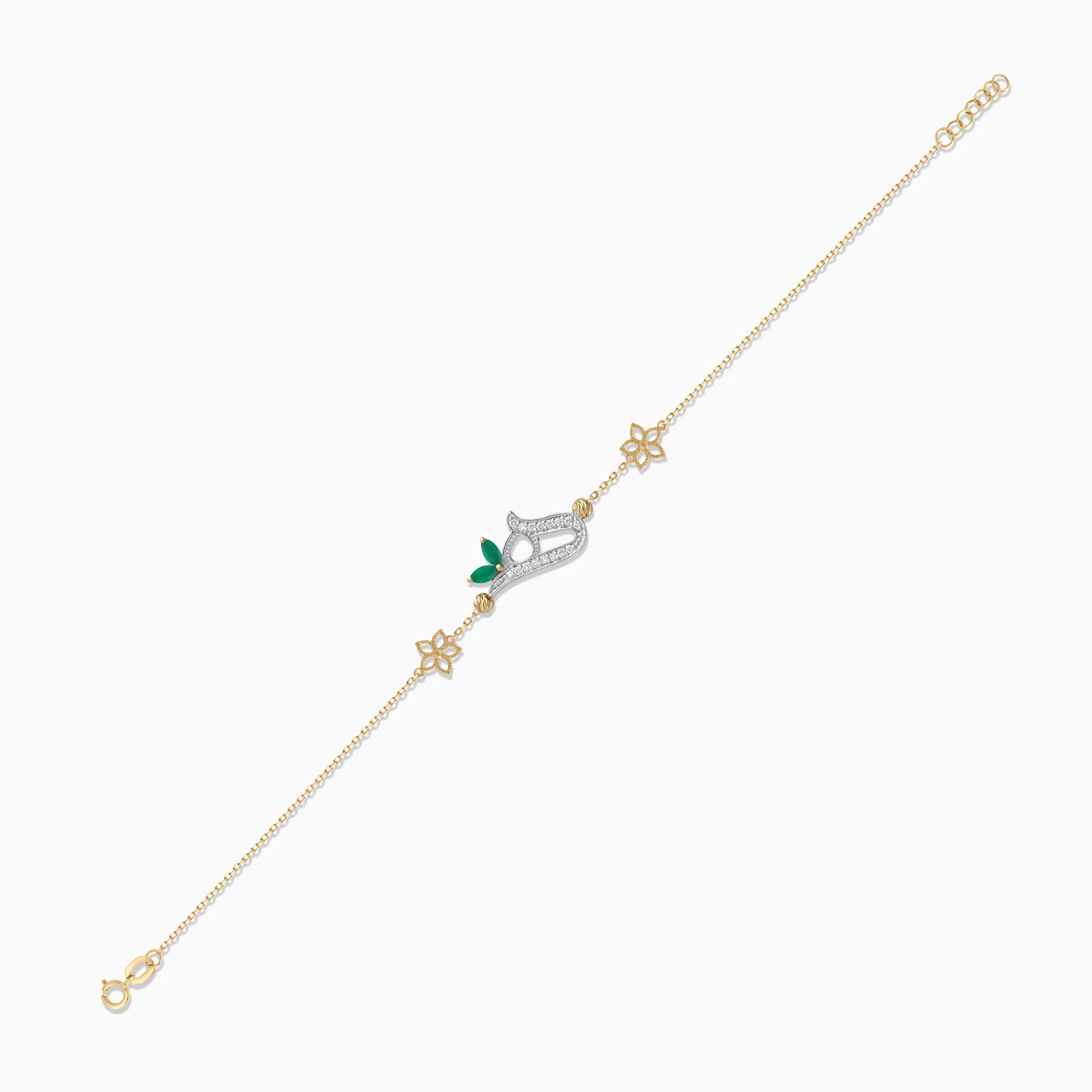 18K Yellow Gold Arabic Letter ‘Haa’ Bracelet with Natural Diamond & Green Agate | Horoufi Diamond Collection - Image 4