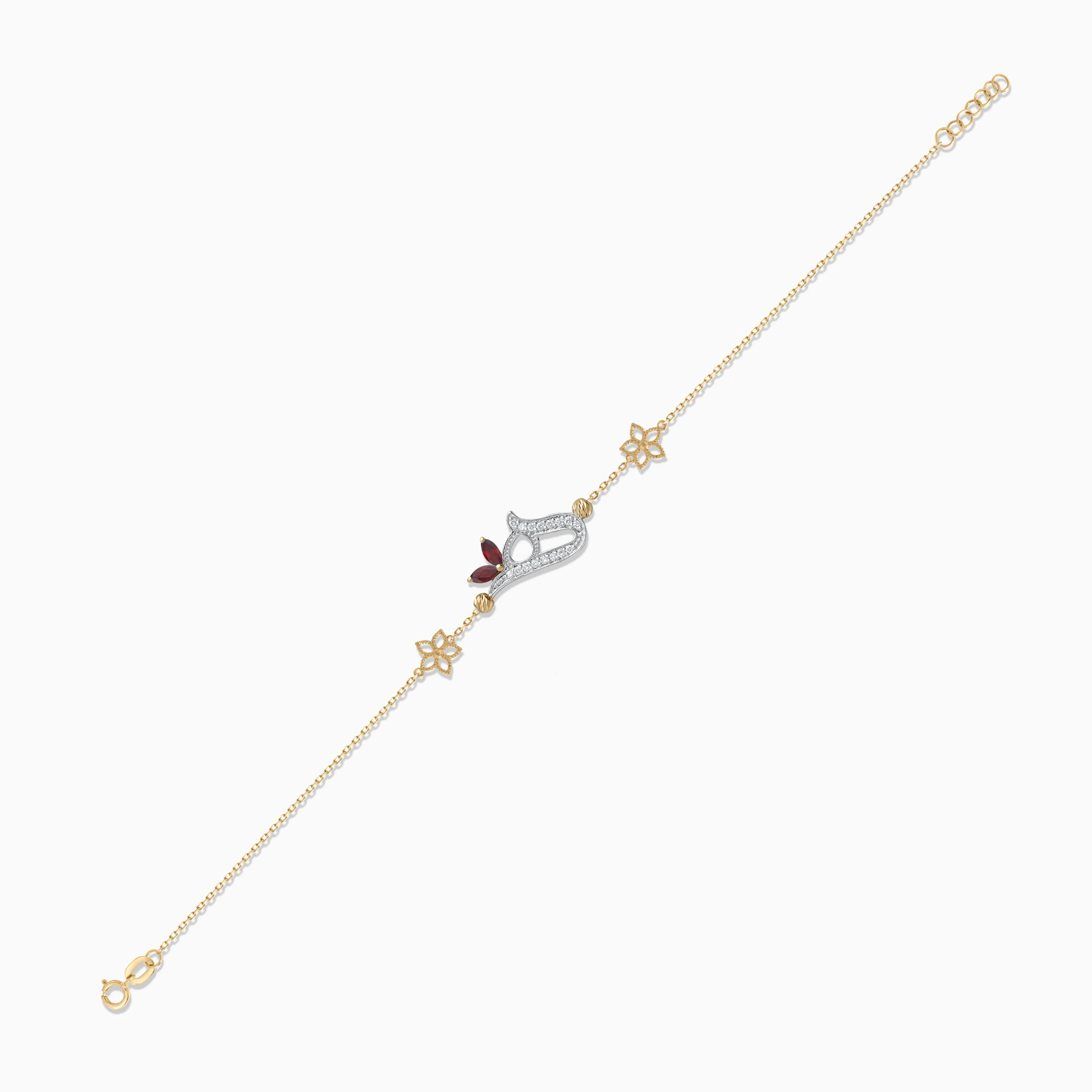 18k Yellow Gold ‘Haa’ Arabic Letter Bracelet with Natural Diamonds & Red Garnet | Horoufi Diamond Collection - Image 3