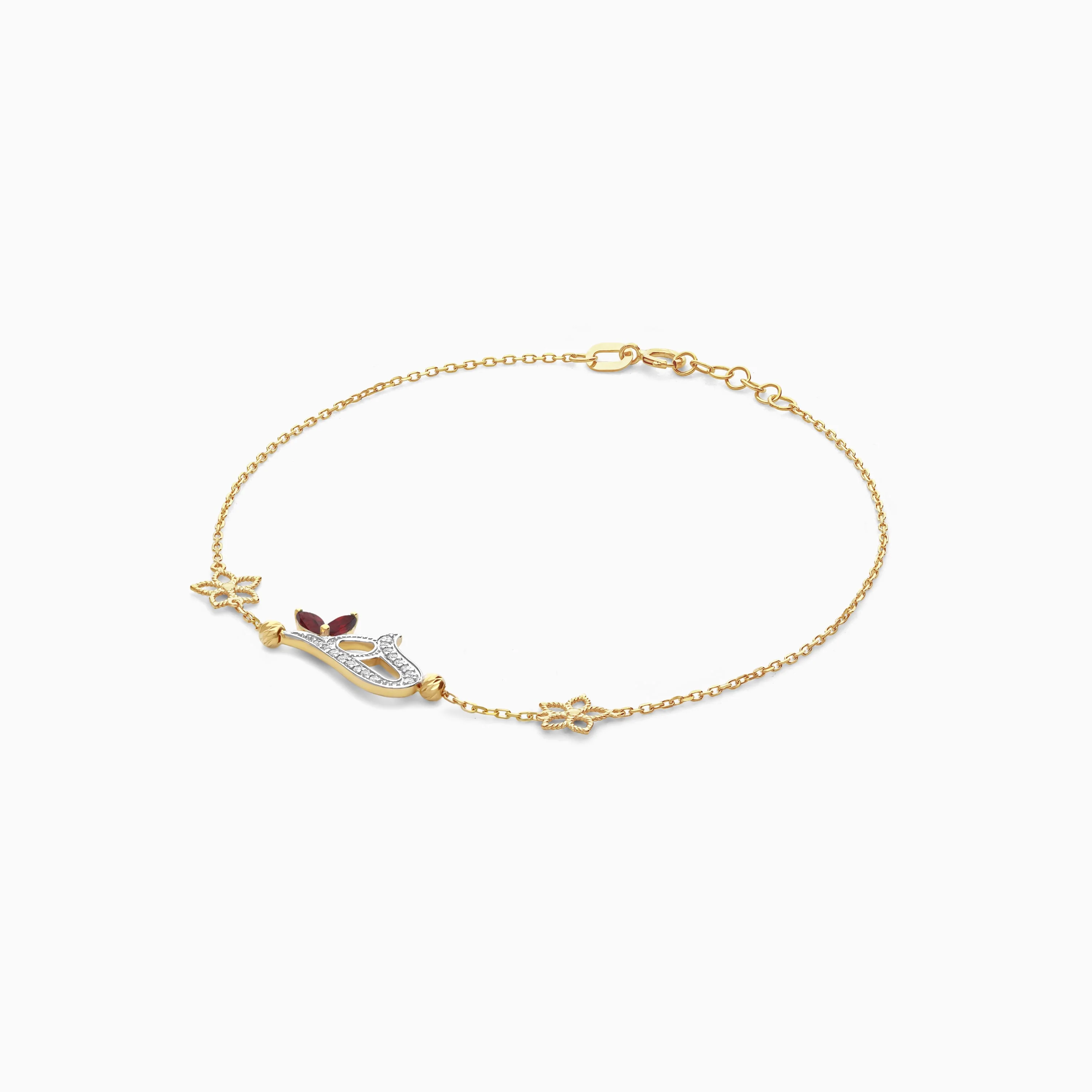 18k Yellow Gold ‘Haa’ Arabic Letter Bracelet with Natural Diamonds & Red Garnet | Horoufi Diamond Collection - Image 4