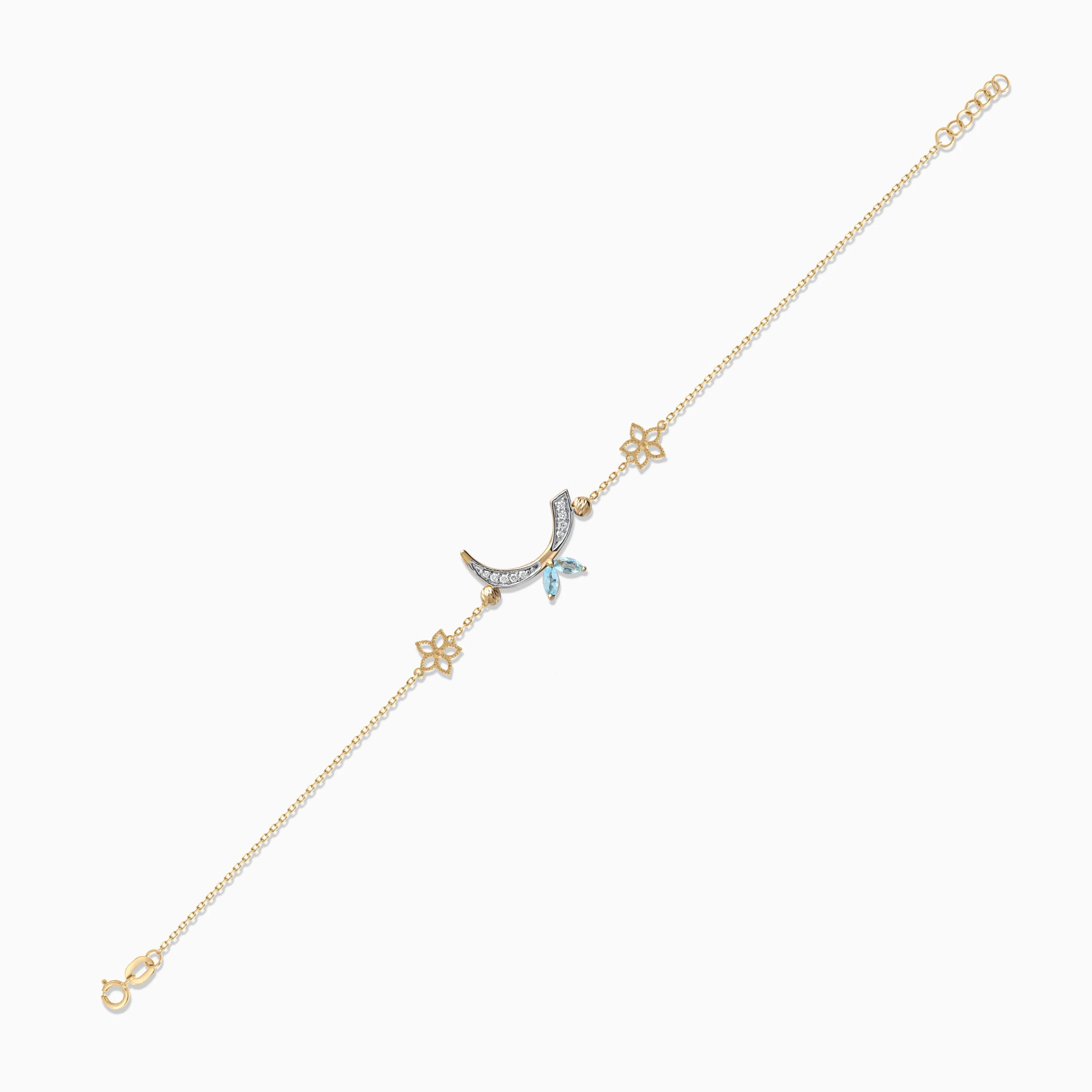 18K Yellow Gold 'Raa' Arabic Letter Bracelet with Natural Diamonds & Blue Topaz | Horoufi Diamond Collection - Image 3