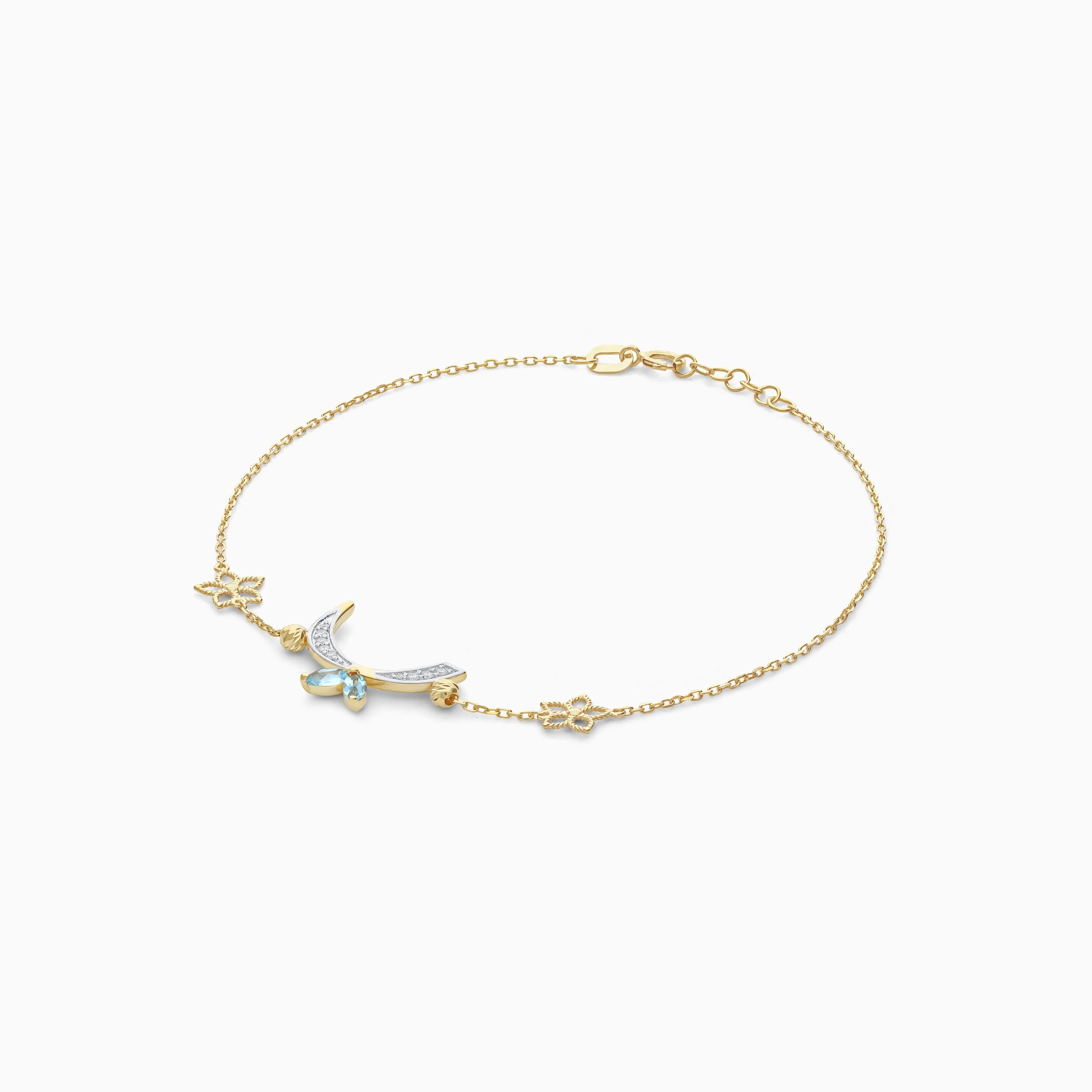 18K Yellow Gold 'Raa' Arabic Letter Bracelet with Natural Diamonds & Blue Topaz | Horoufi Diamond Collection - Image 4