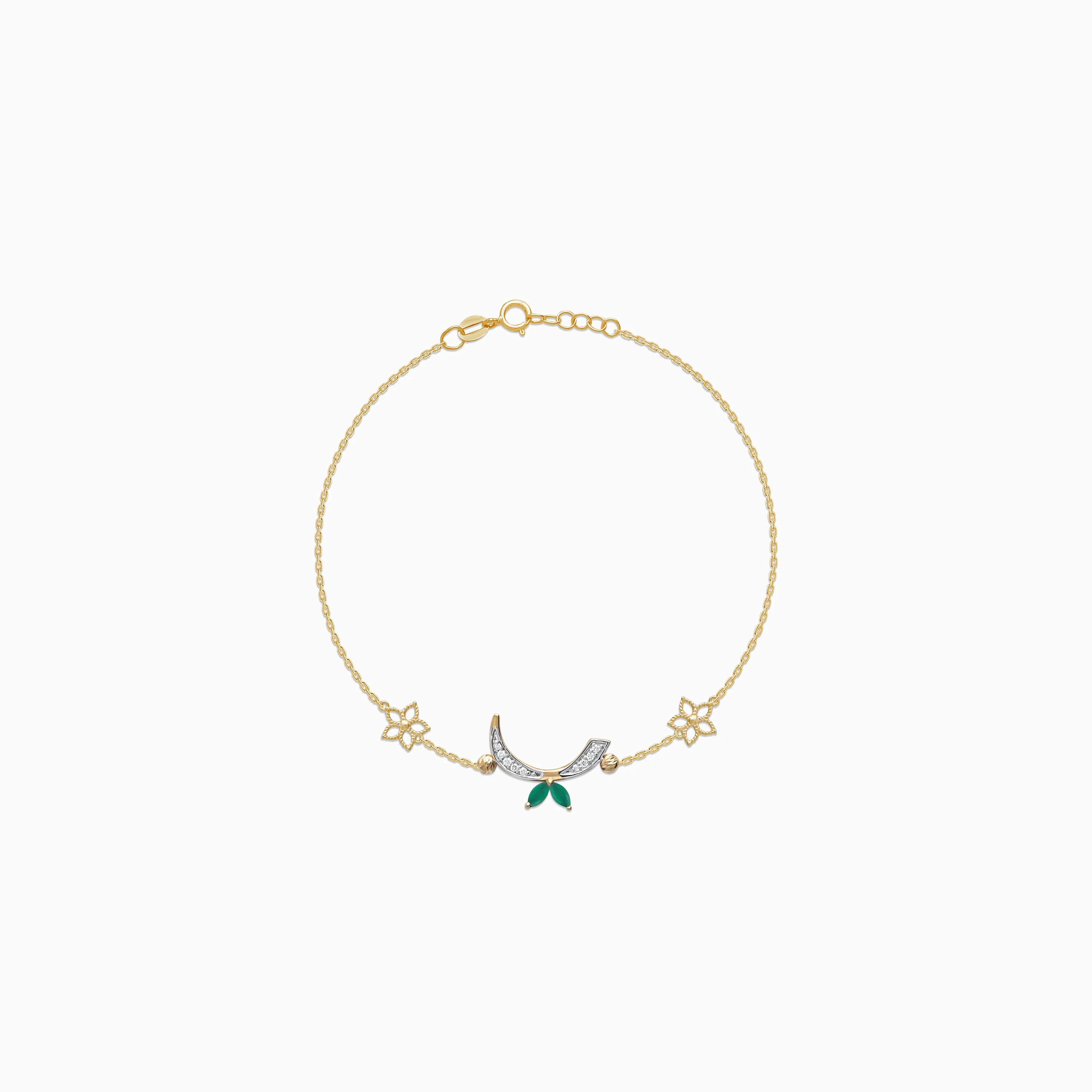 18K Yellow Gold ‘Raa’ Arabic Letter Bracelet with Natural Diamonds & Green Agate | Horoufi Diamond Collection - Image 3