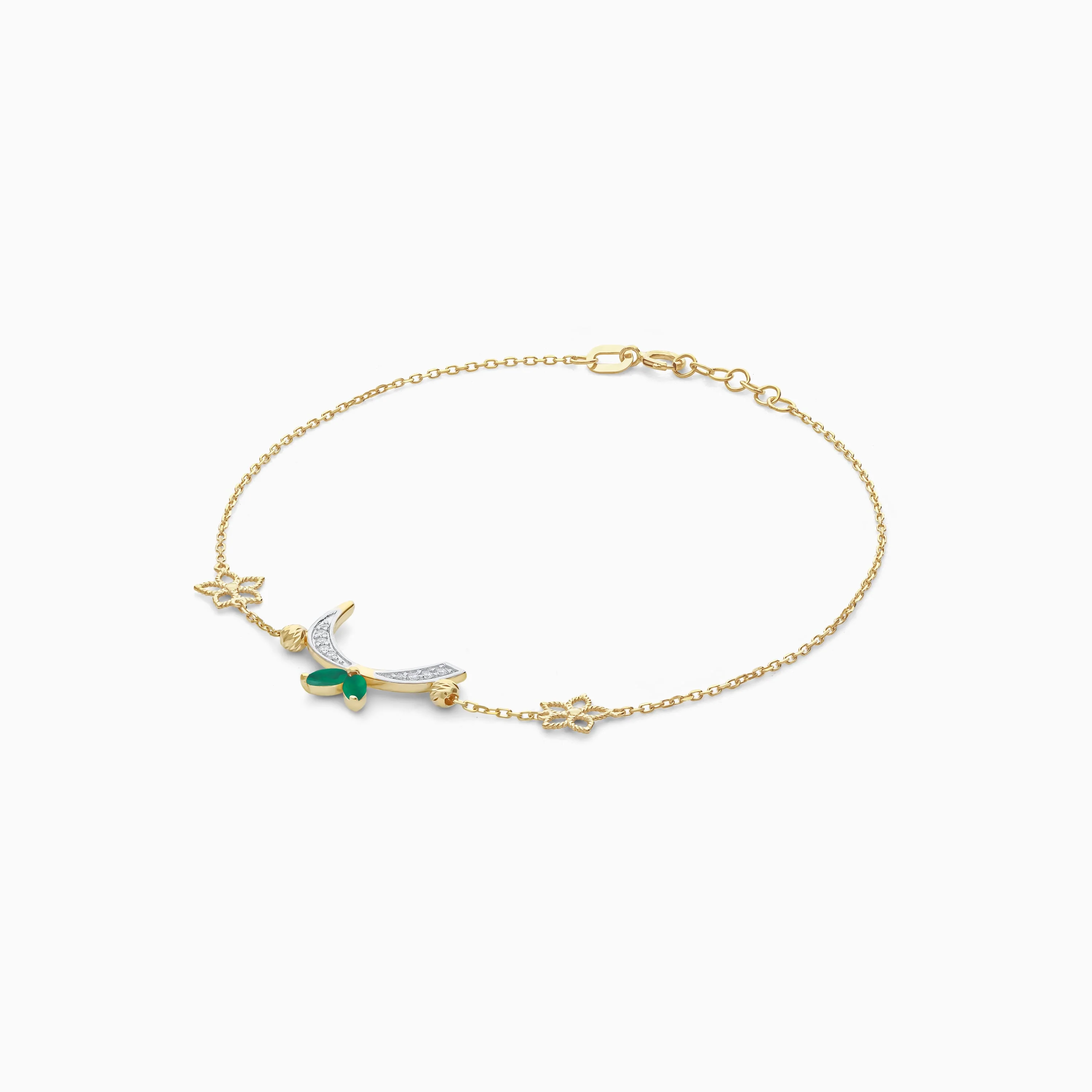18K Yellow Gold ‘Raa’ Arabic Letter Bracelet with Natural Diamonds & Green Agate | Horoufi Diamond Collection - Image 4